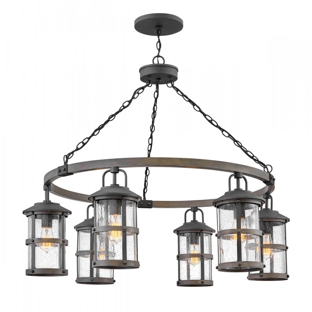Quintiesse Lakehouse 6 Light Outdoor Chandelier - Aged Zinc with Driftwood Grey