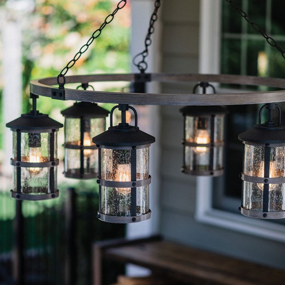 Quintiesse Lakehouse 6 Light Outdoor Chandelier - Aged Zinc with Driftwood Grey