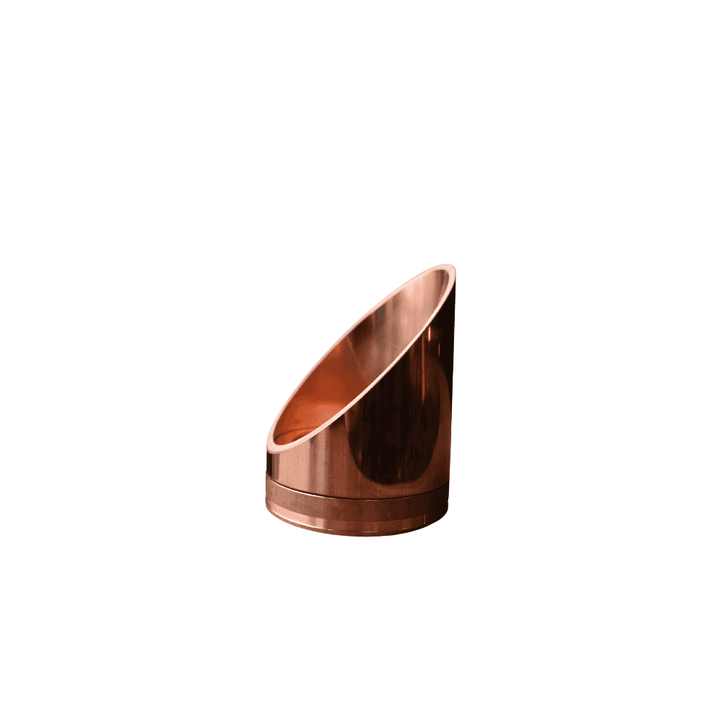 The LuxR copper glare guard shown on its own, an angled cut cylinder with a polished copper interior
