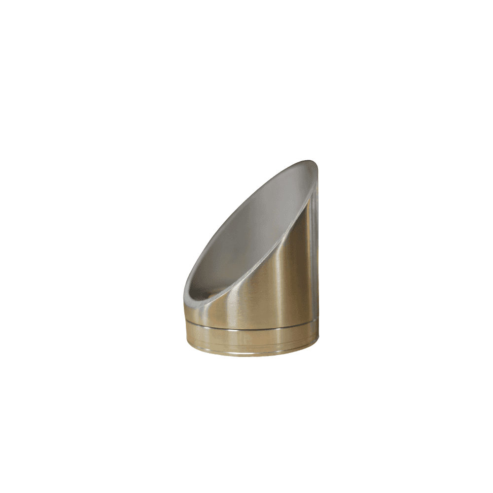 The LuxR stainless steel glare guard shown on its own, an angled cut cylinder with a brushed finish