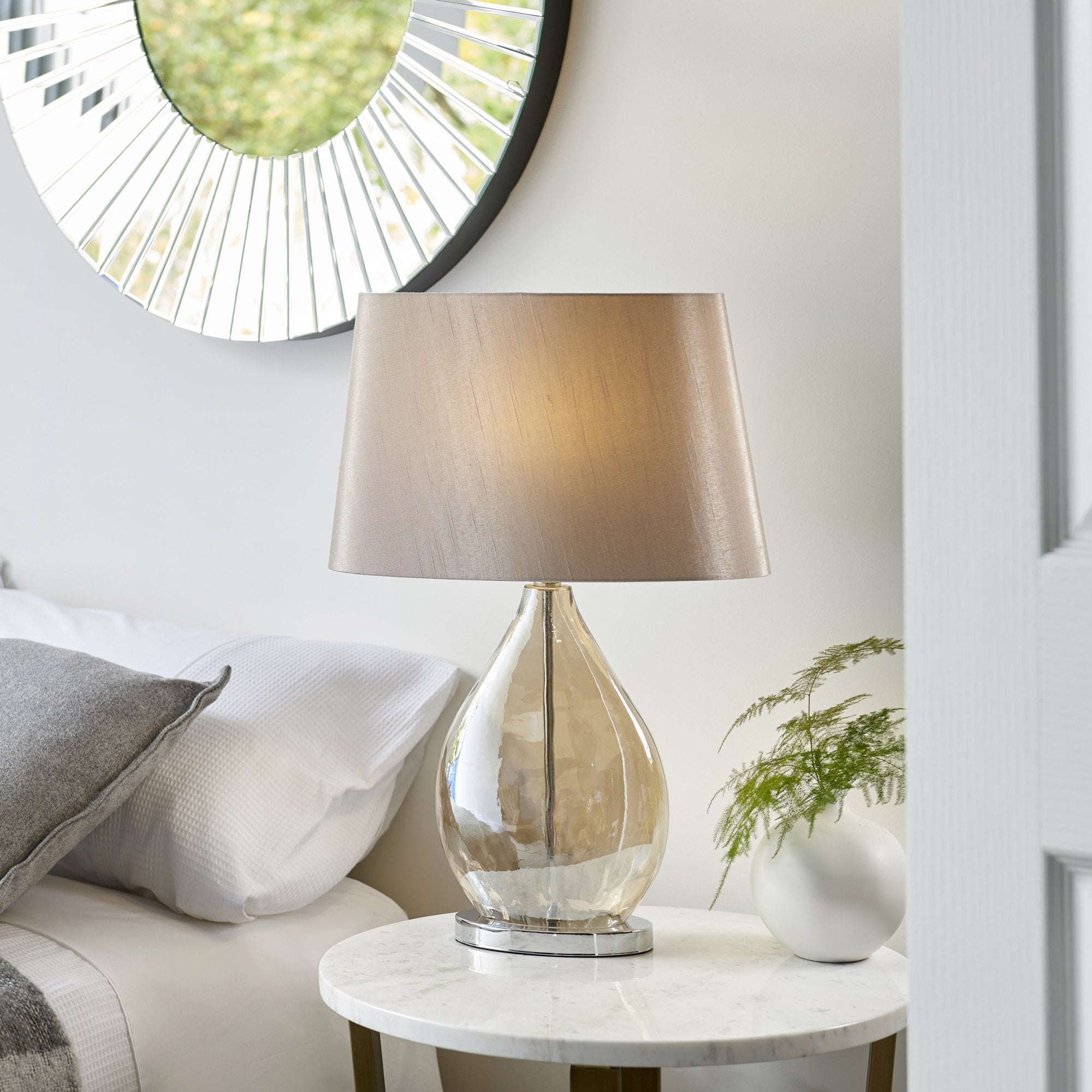 Endon Kew Single Light Table Lamp - Gold Tinted Glass & Mink Fabric