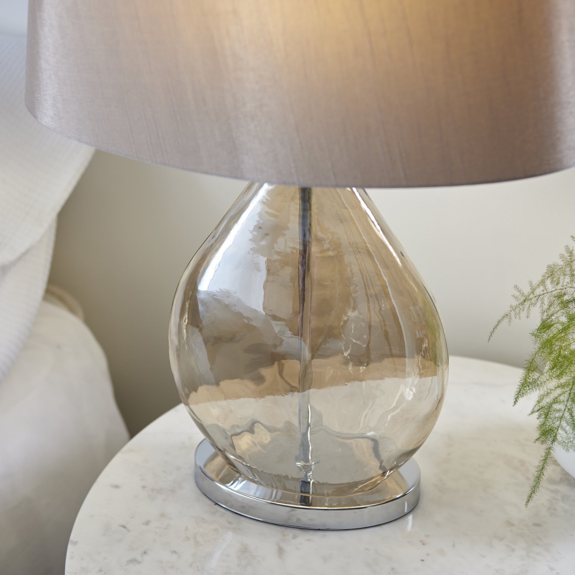 Endon Kew Single Light Table Lamp - Gold Tinted Glass & Mink Fabric