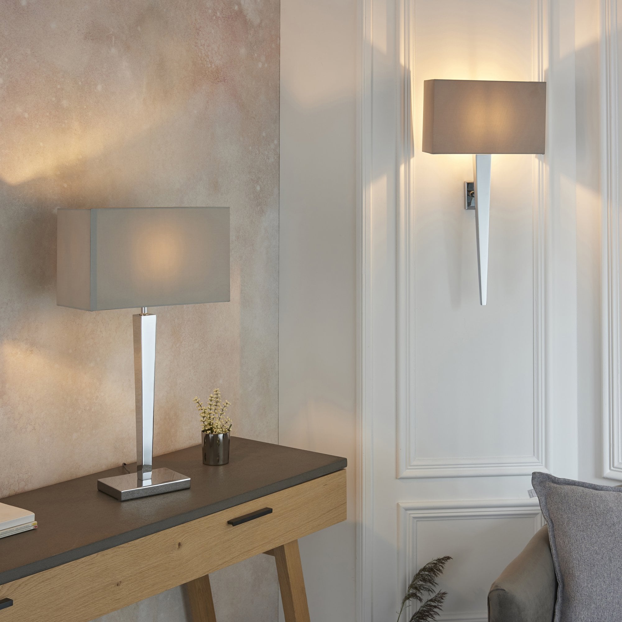 Endon Moreto Single Light Table Lamp  - Chrome Plate & Grey & Silver Fabric