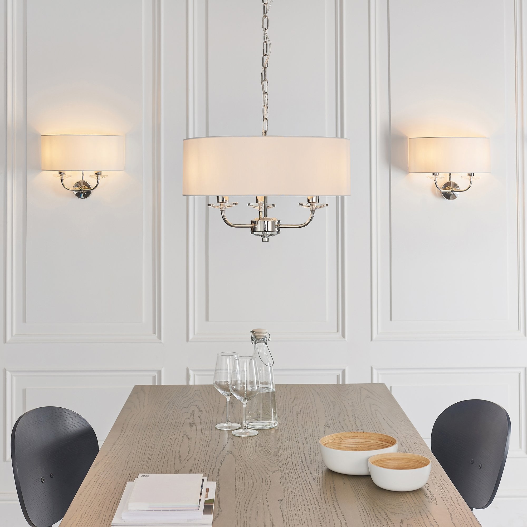 Endon Nixon 2 Light Wall Light - Bright Nickel Plate & Vintage White Fabric