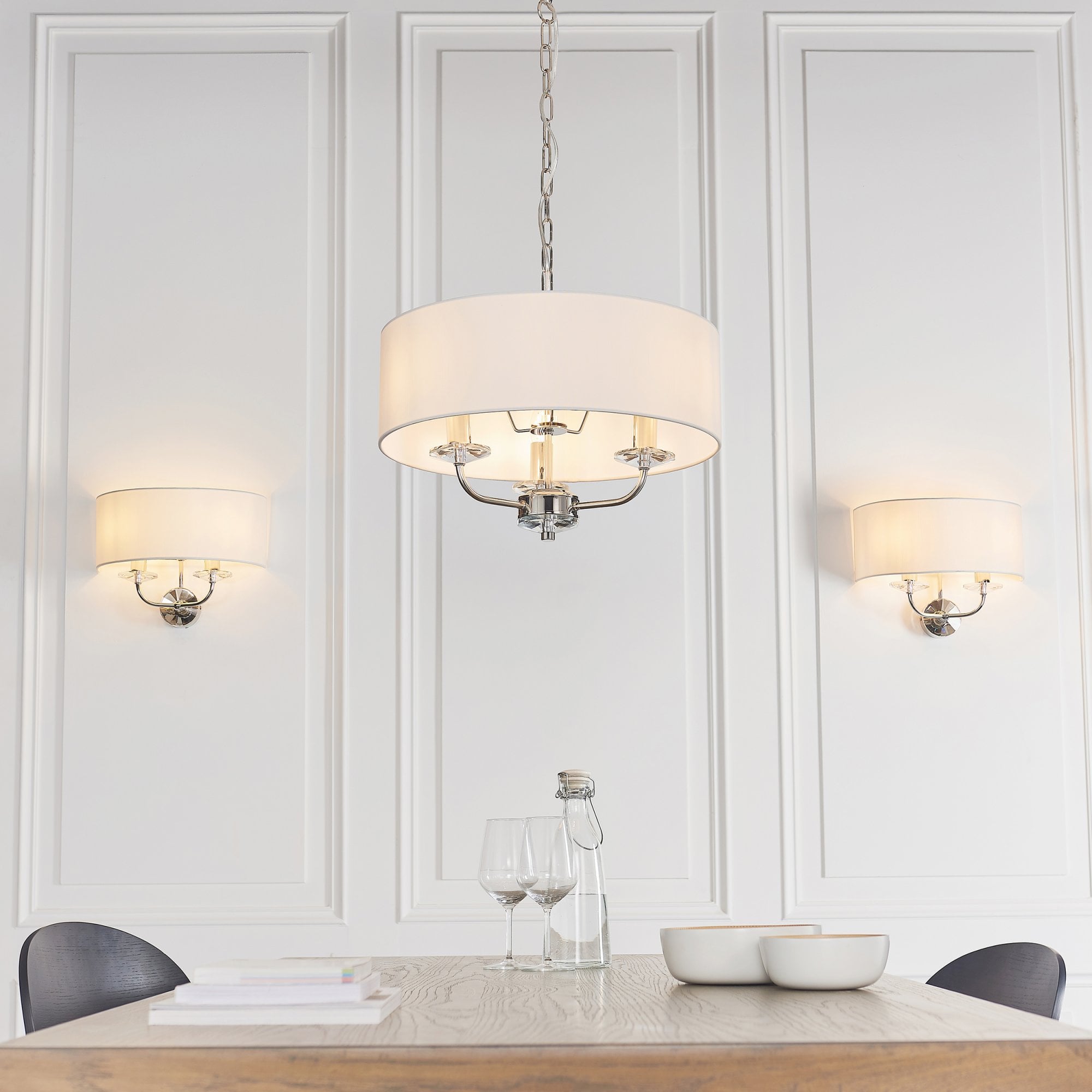Endon Nixon 2 Light Wall Light - Bright Nickel Plate & Vintage White Fabric