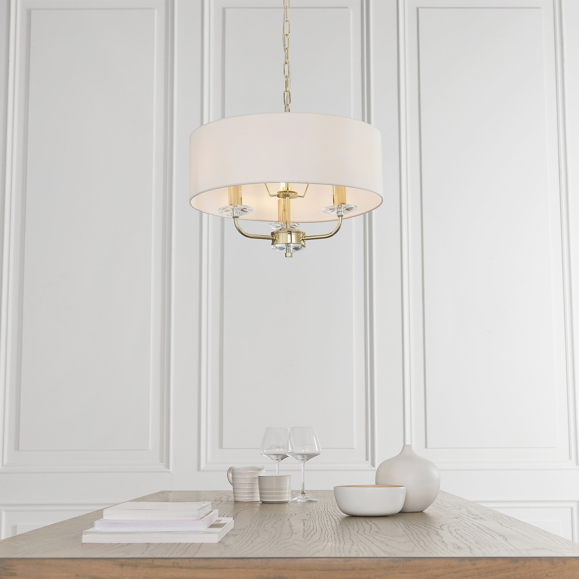 Endon Nixon 3 Light Pendant - Brass Plate & Vintage White Fabric