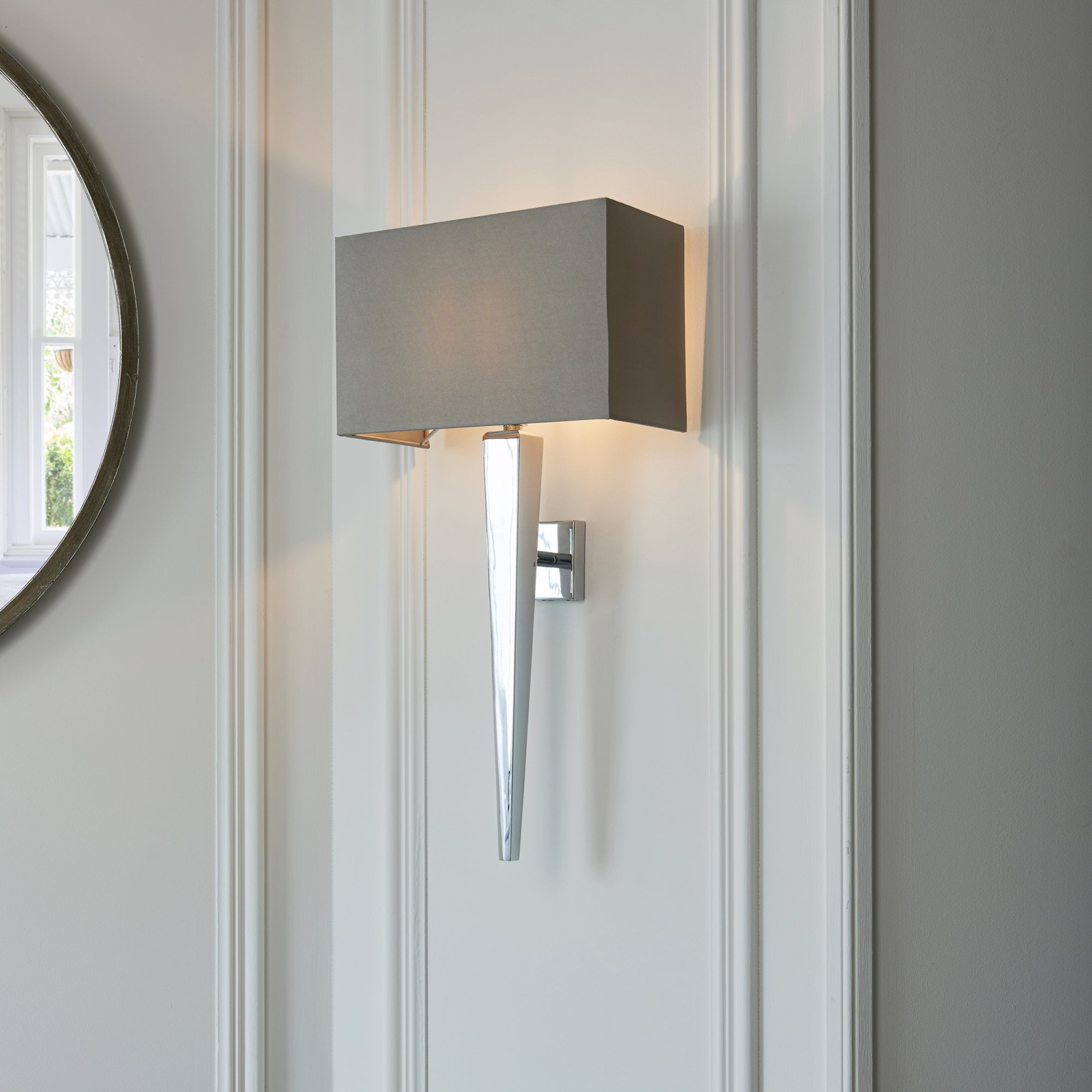 Endon Moreto Single Light Wall Light  - Chrome Plate & Grey & Silver Fabric