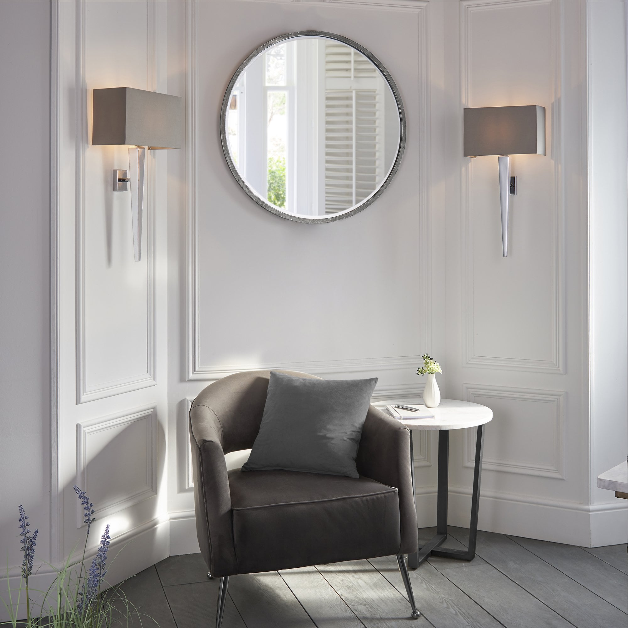 Endon Moreto Single Light Wall Light  - Chrome Plate & Grey & Silver Fabric