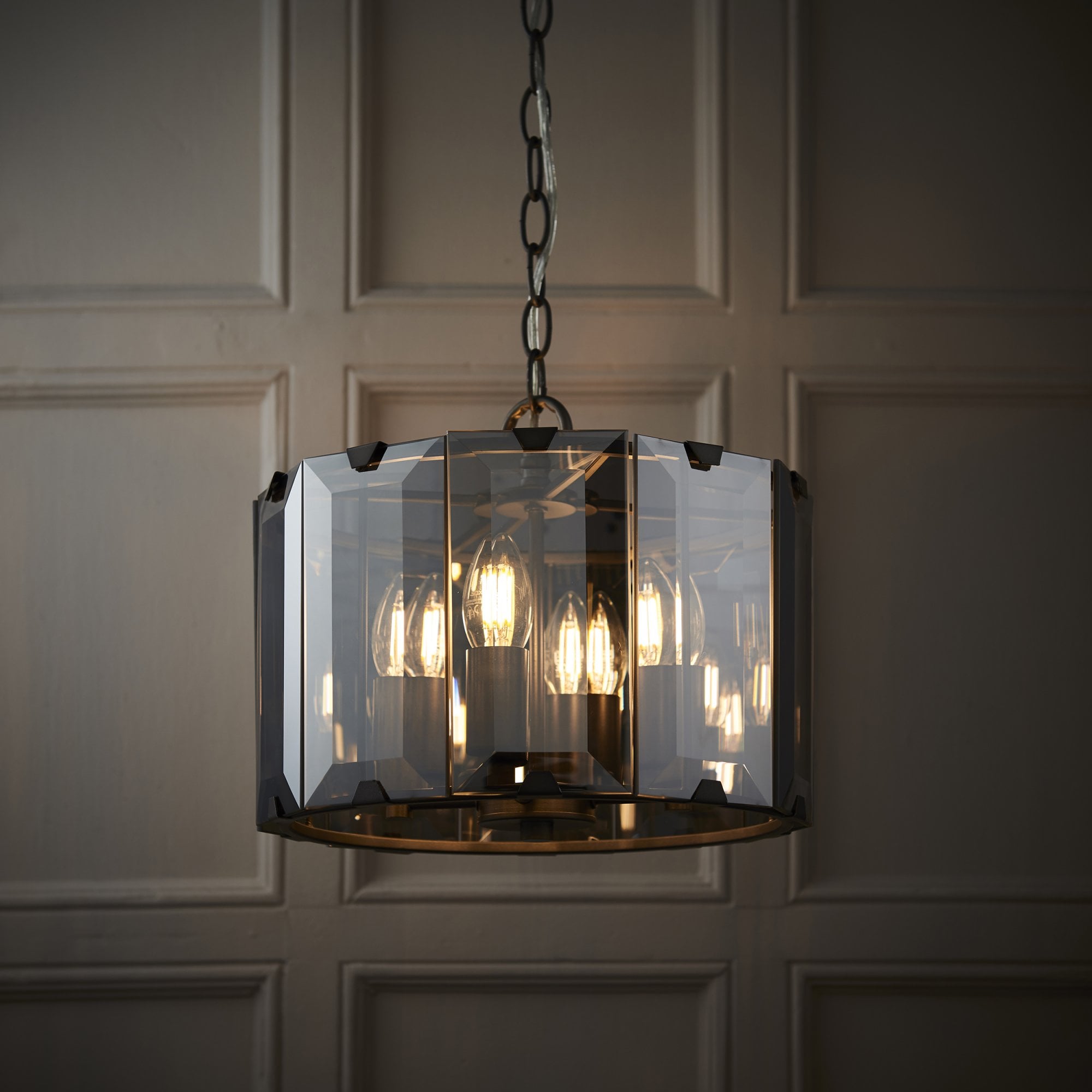 Endon Clooney 4 Light Pendant - Matt Grey & Silver & Smoked Bevelled Glass