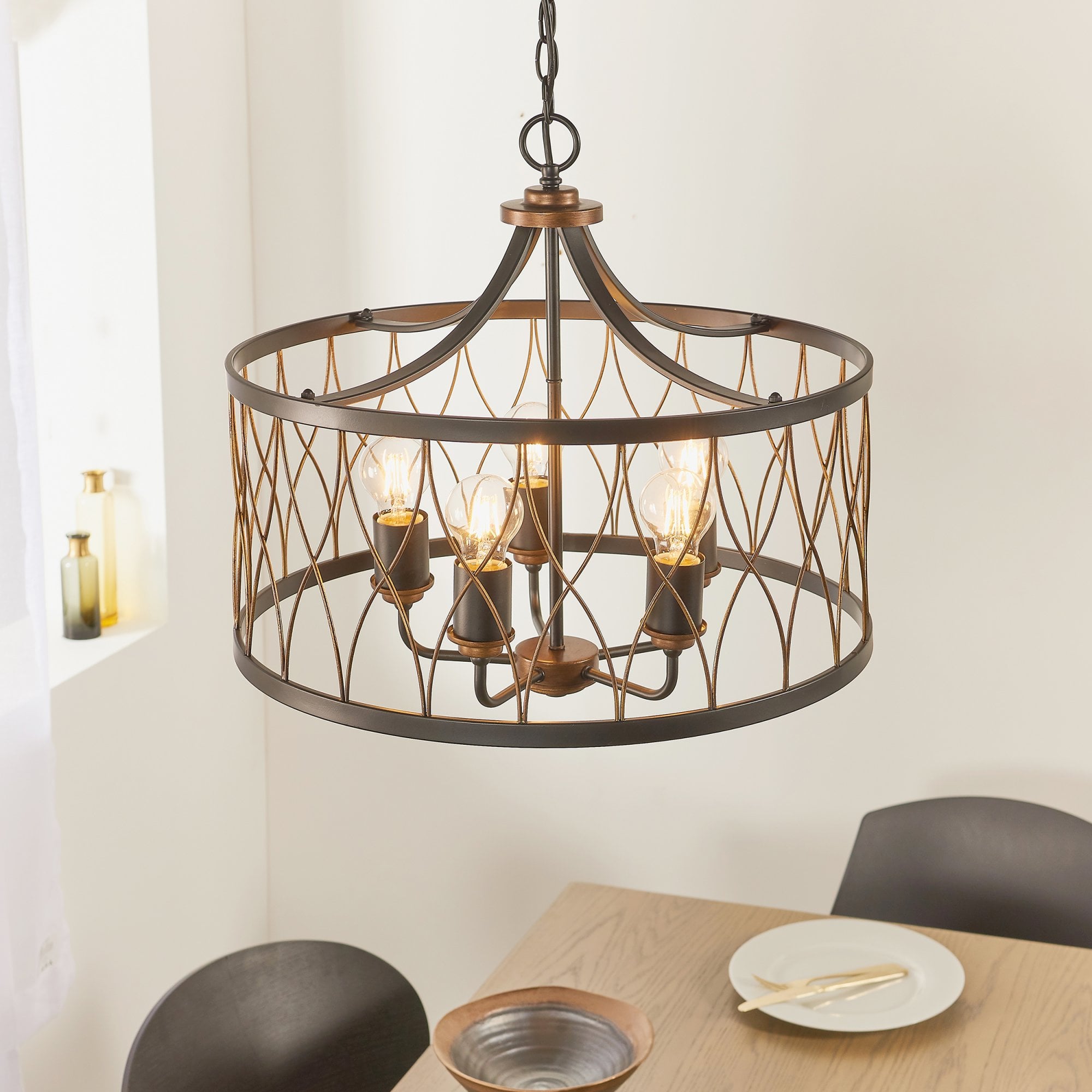 Endon Heston 5 Light Pendant  - Matt Black & Rustic Bronze Paint