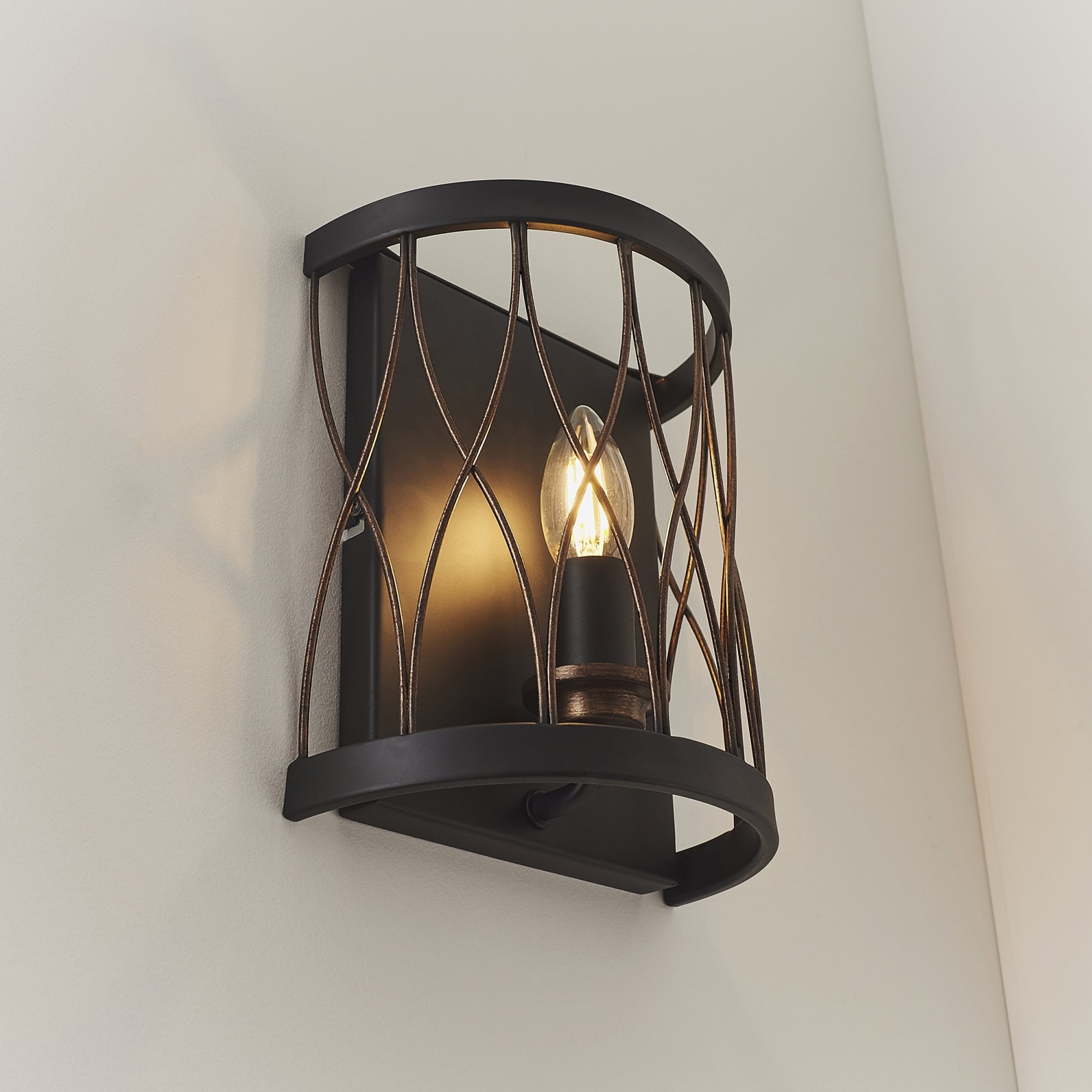 Endon Heston Single Light Wall Light  - Matt Black & Rustic Bronze Paint