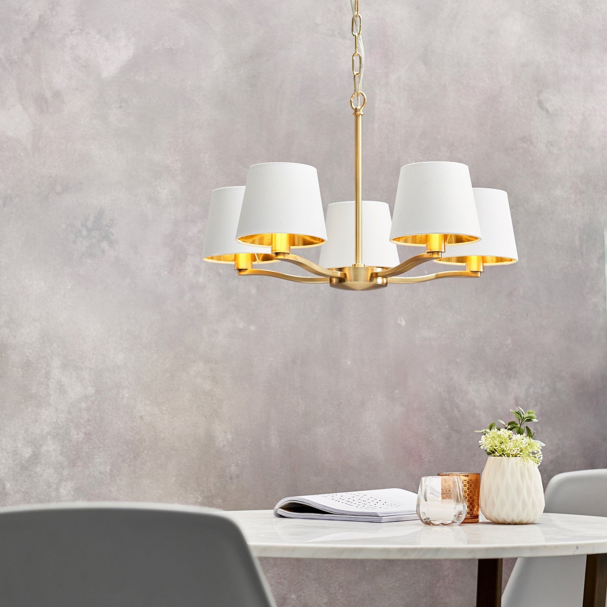 Endon Harvey 5 Light Pendant - Brushed Gold & Vintage White Faux Silk