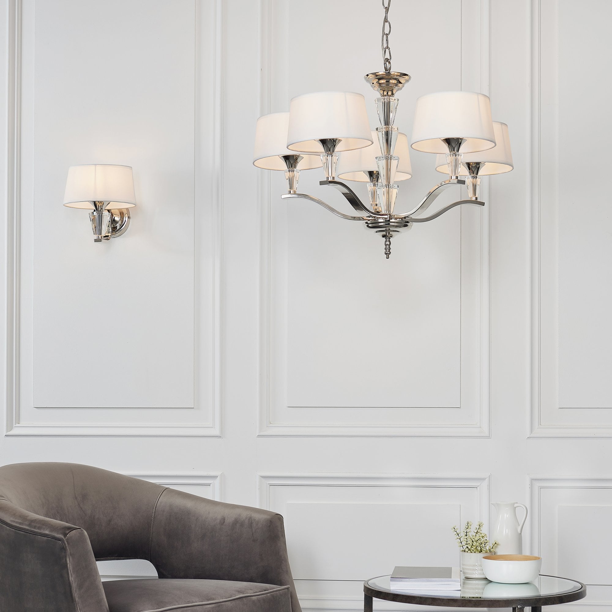 Endon Fiennes 5 Light Pendant  - Chrome Plate & Vintage White Fabric