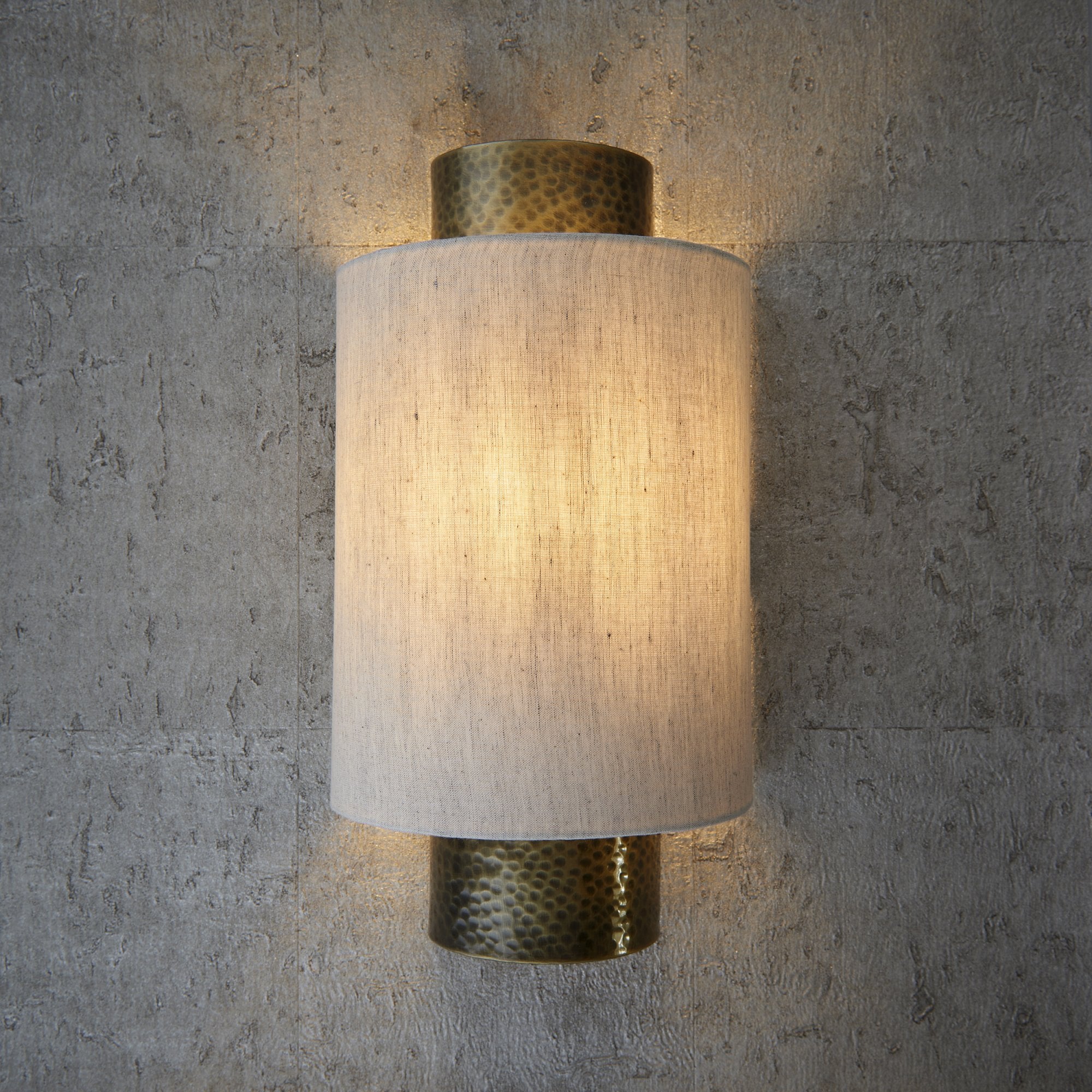 Endon Indara Single Light Wall Light  - Hammered Bronze Plate & Neutral Linen Mix Fabric