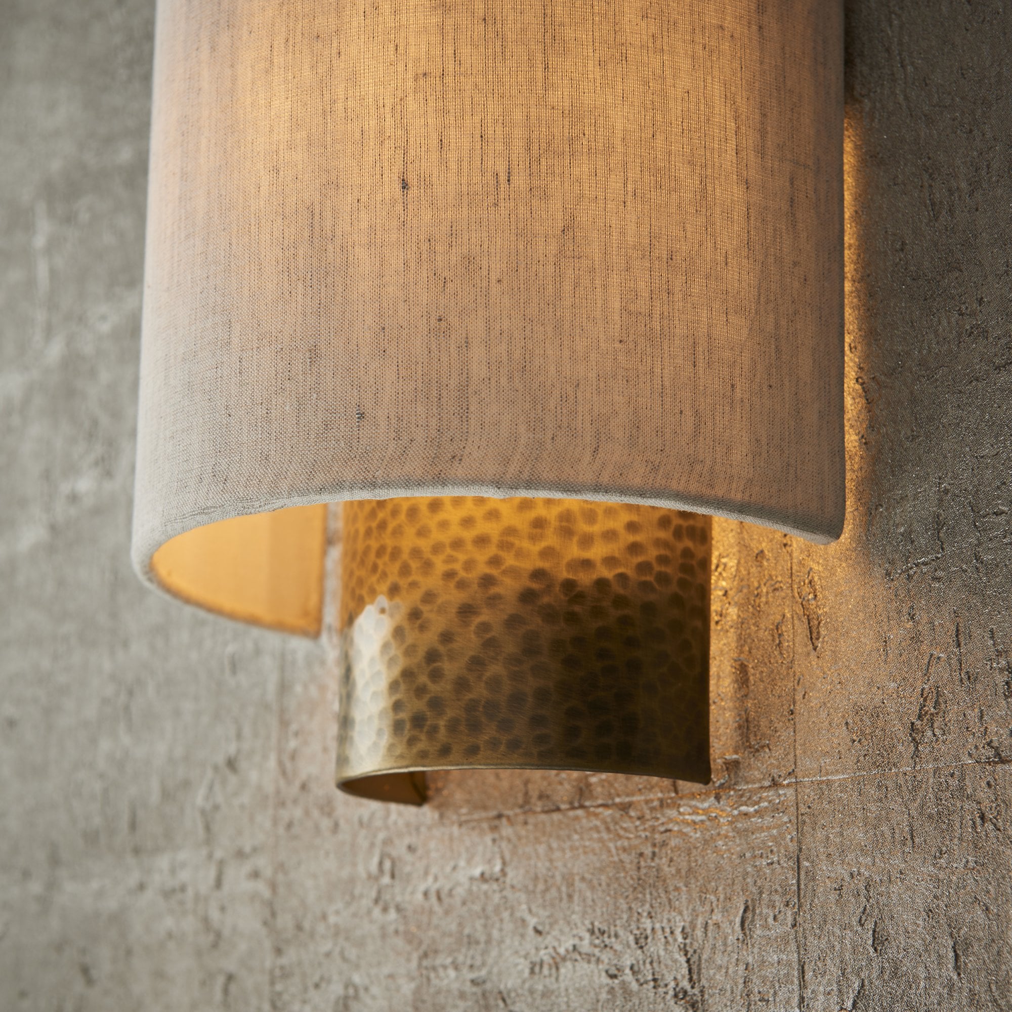 Endon Indara Single Light Wall Light  - Hammered Bronze Plate & Neutral Linen Mix Fabric