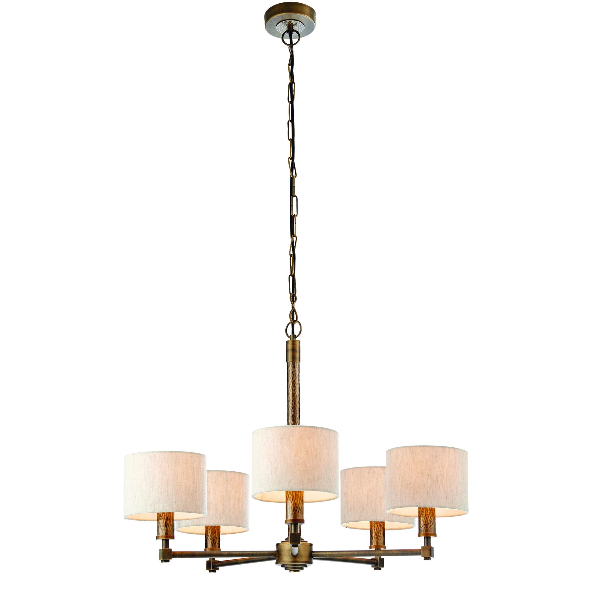 Endon Indara 5 Light Pendant - Hammered Bronze Plate & Neutral Linen Mix Fabric