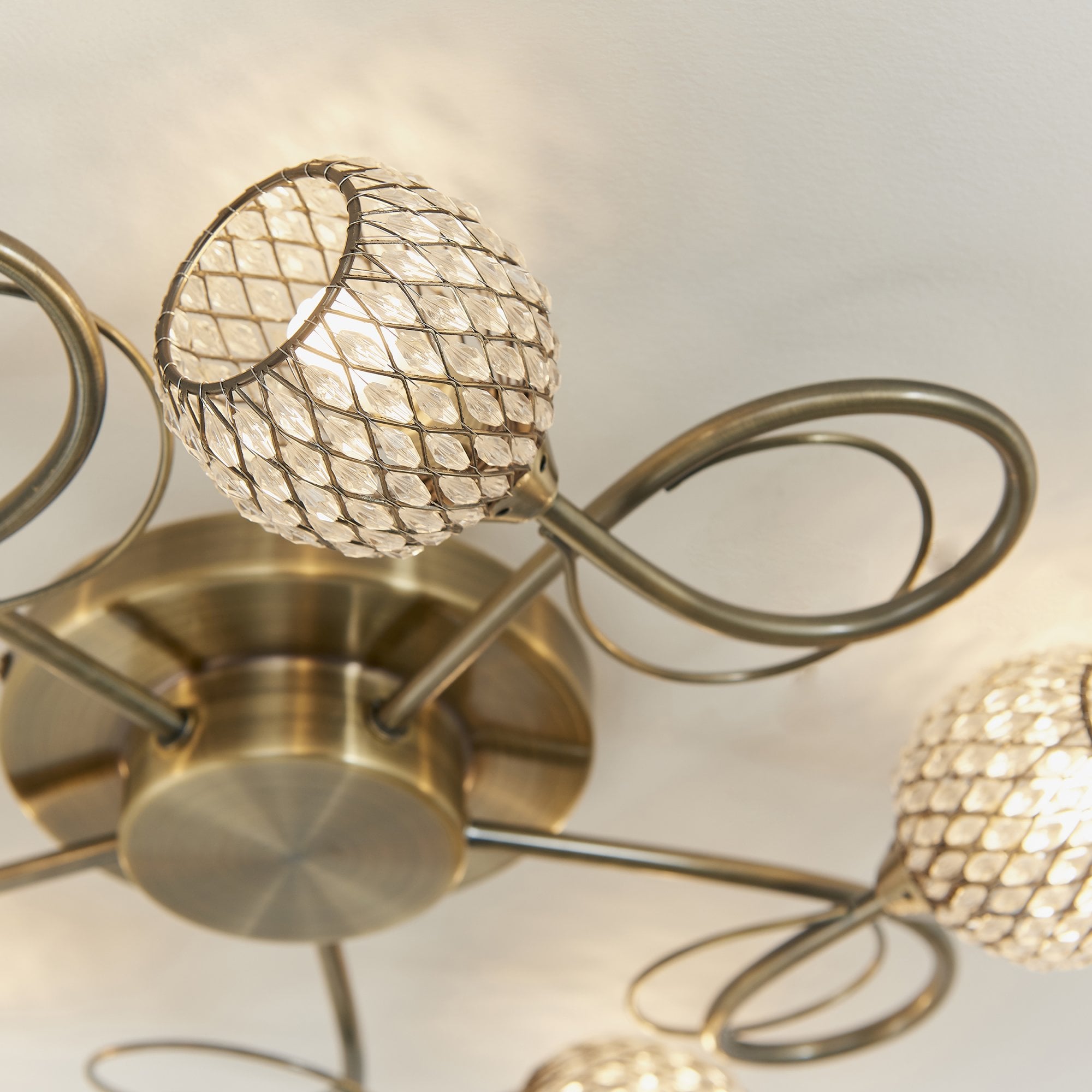Endon Aherne 5 Light Semi Flush Fitting - Antique Brass Plate With Clear Glass & Brass Wire