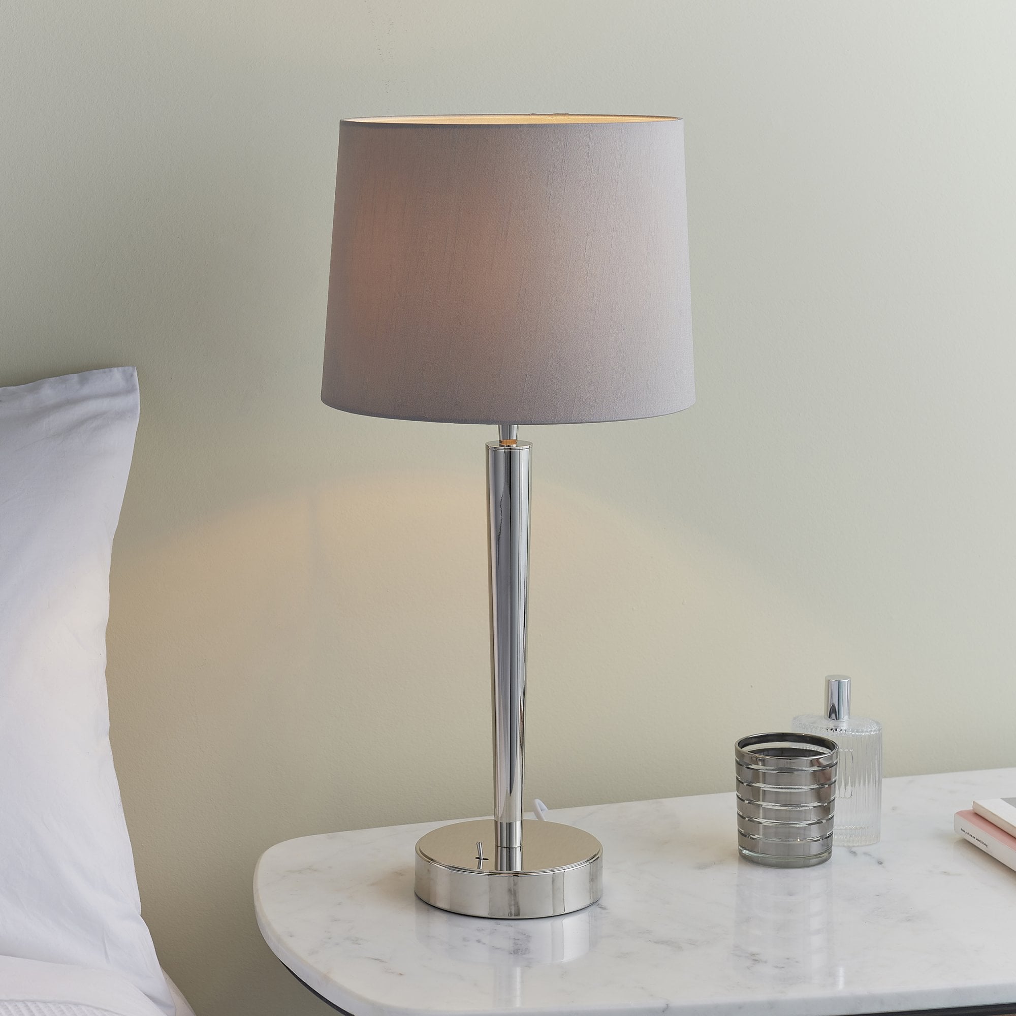 Endon Syon Single Light USB Table Lamp - Bright Nickel Plate & Mink Fabric