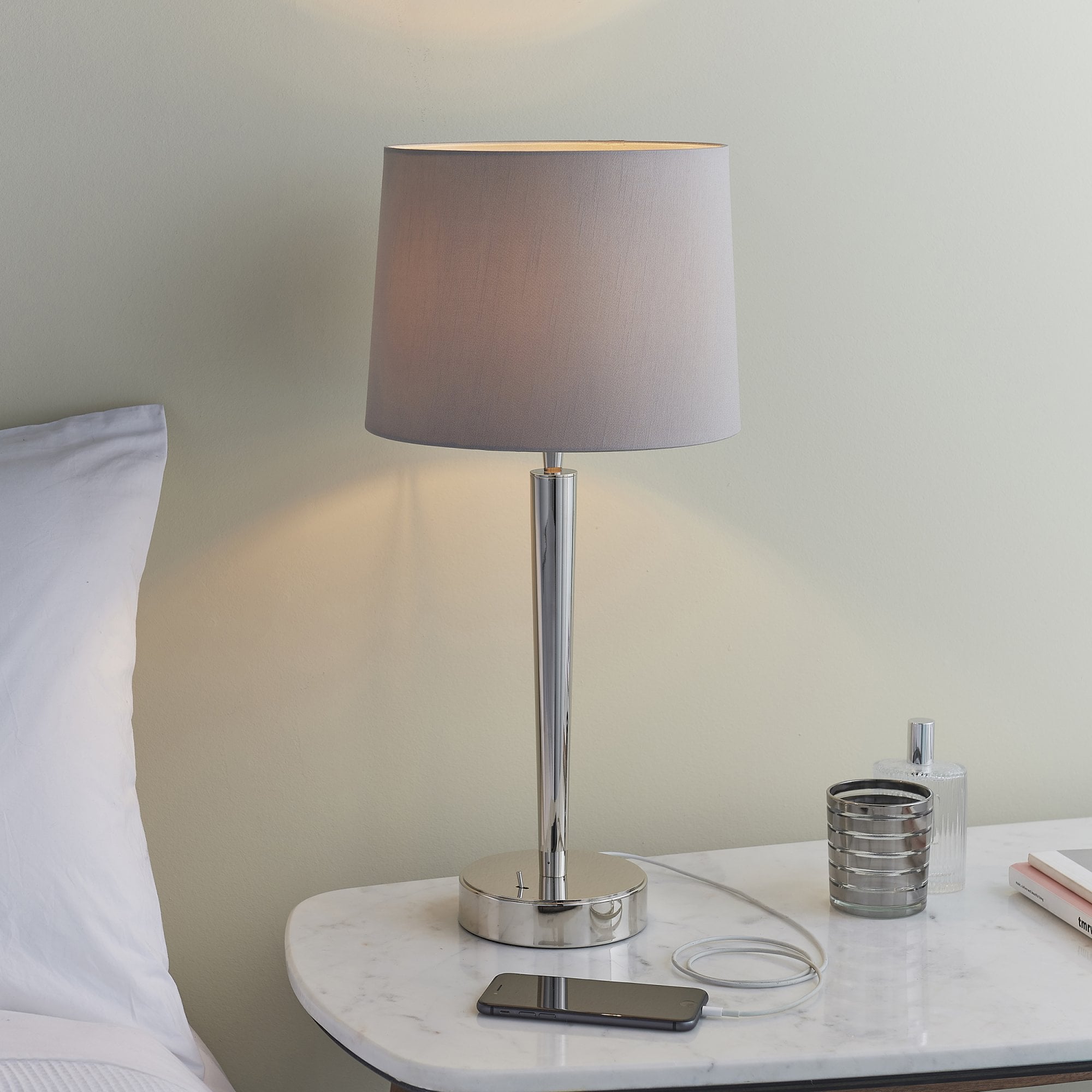 Endon Syon Single Light USB Table Lamp - Bright Nickel Plate & Mink Fabric