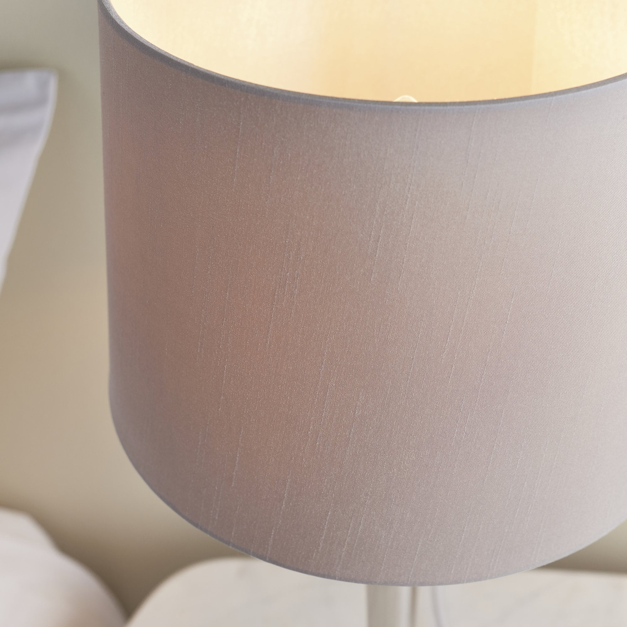 Endon Syon Single Light USB Table Lamp - Bright Nickel Plate & Mink Fabric