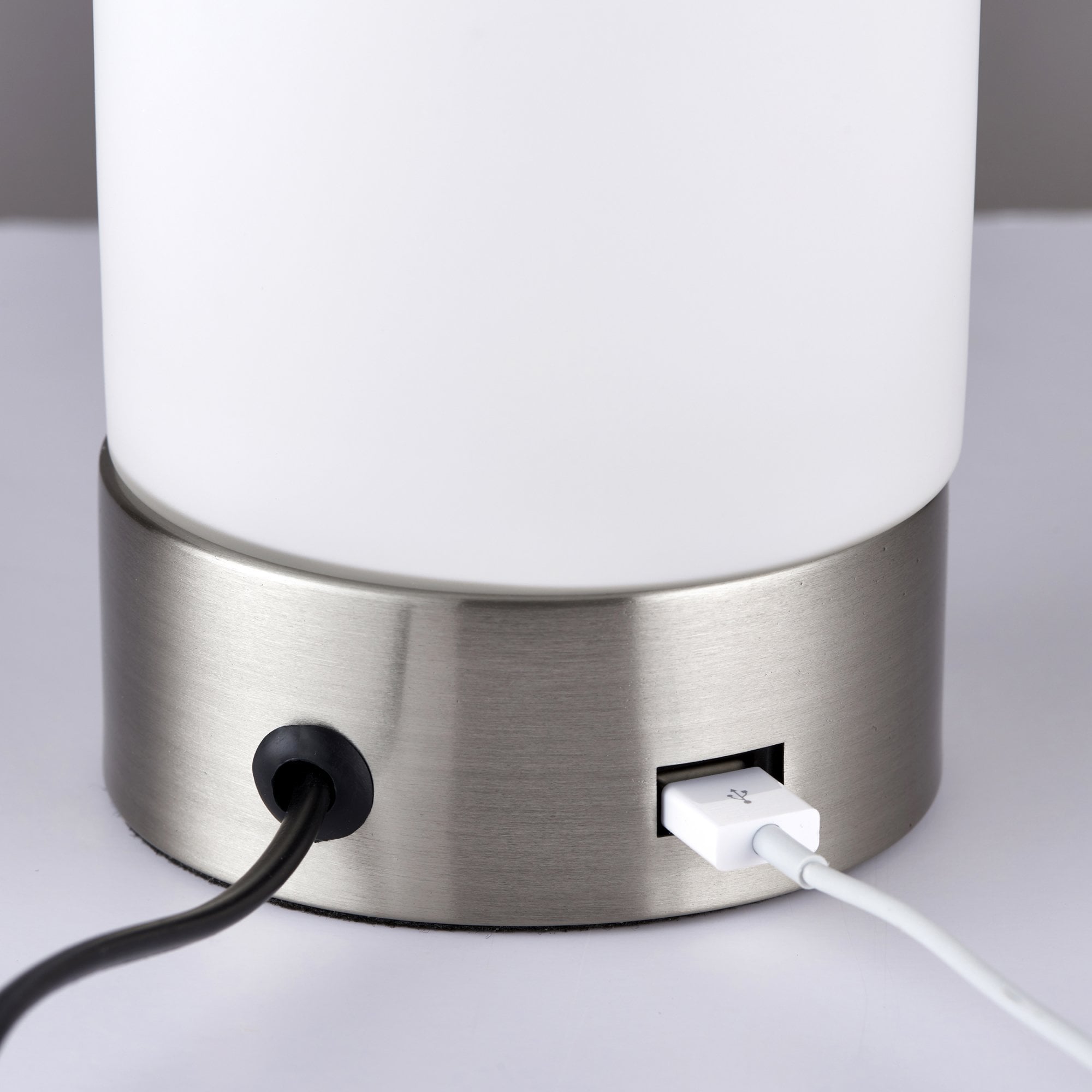 Endon Dara Single Light USB Table Lamp - Brushed Nickel Plate & Opal Glass