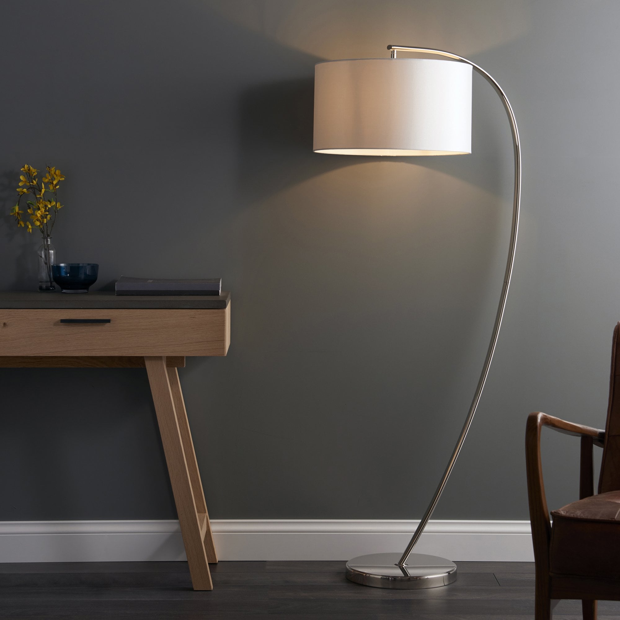 Endon Josephine Single Light Floor Lamp - Bright Nickel Plate & Vintage White Fabric