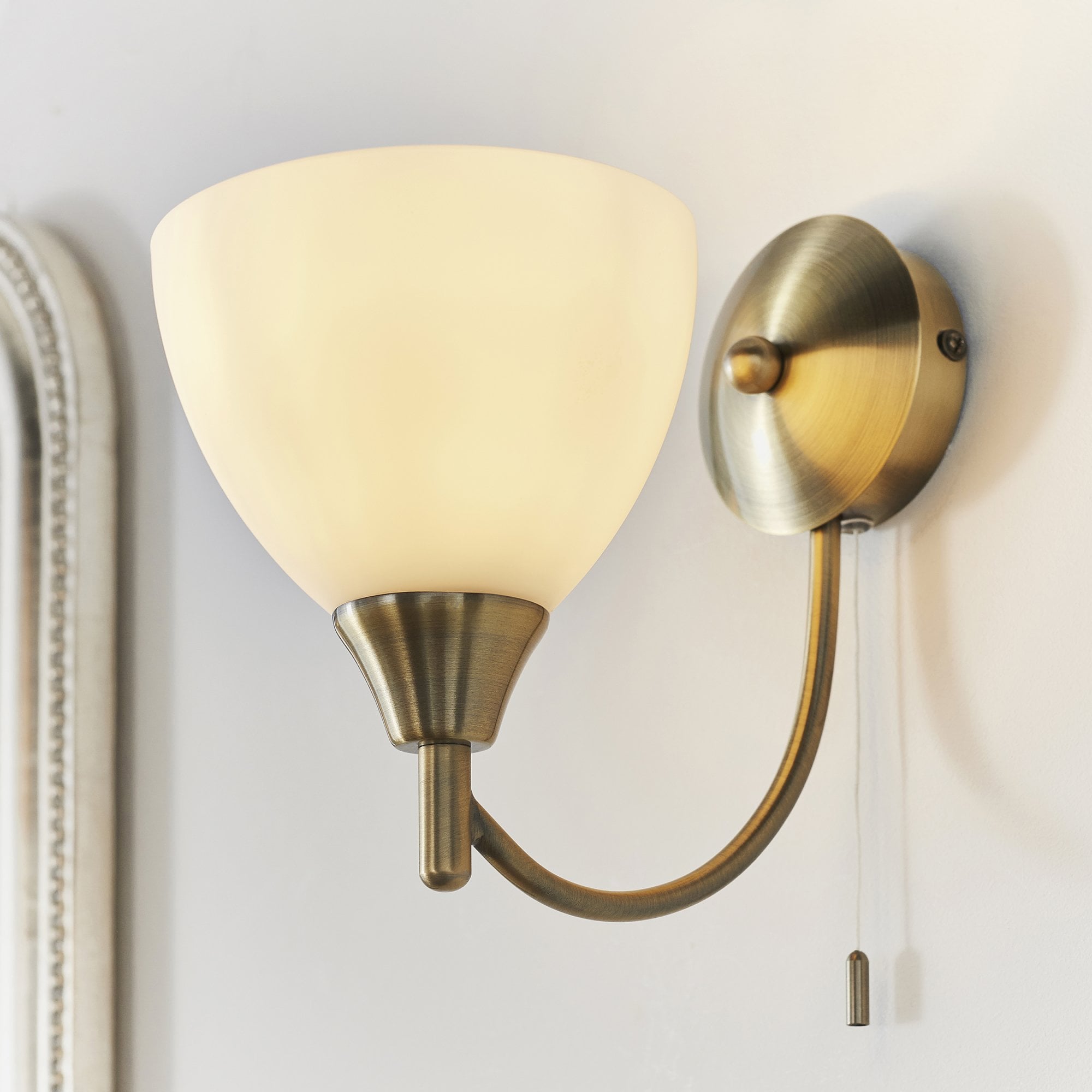 Endon Alton Single Light Wall Light - Antique Brass Plate & Matt Opal Glass