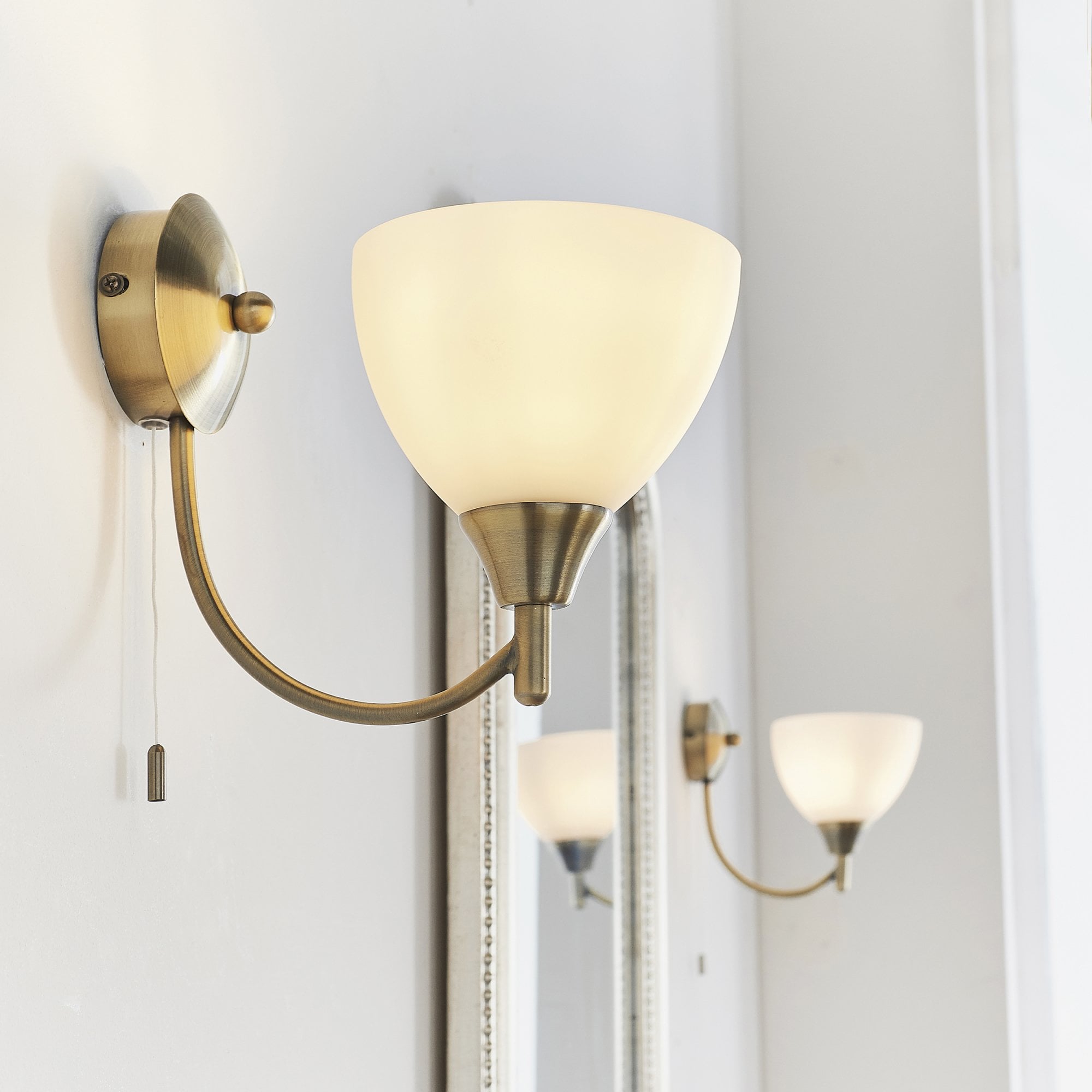 Endon Alton Single Light Wall Light - Antique Brass Plate & Matt Opal Glass