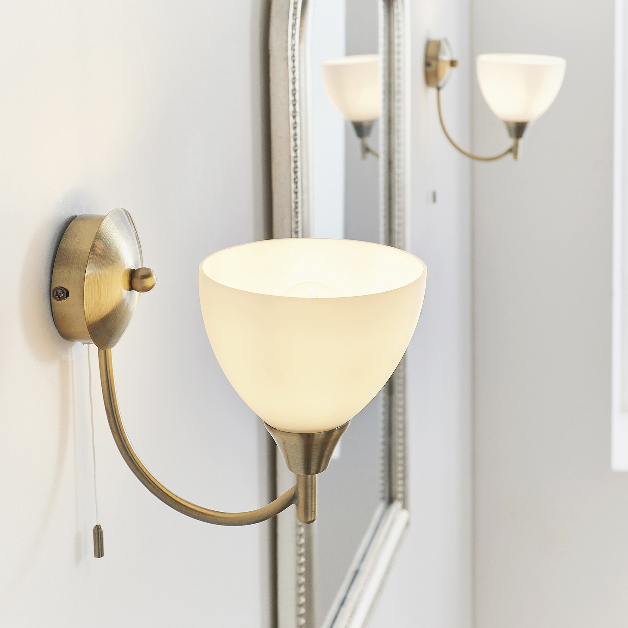 Endon Alton Single Light Wall Light - Antique Brass Plate & Matt Opal Glass