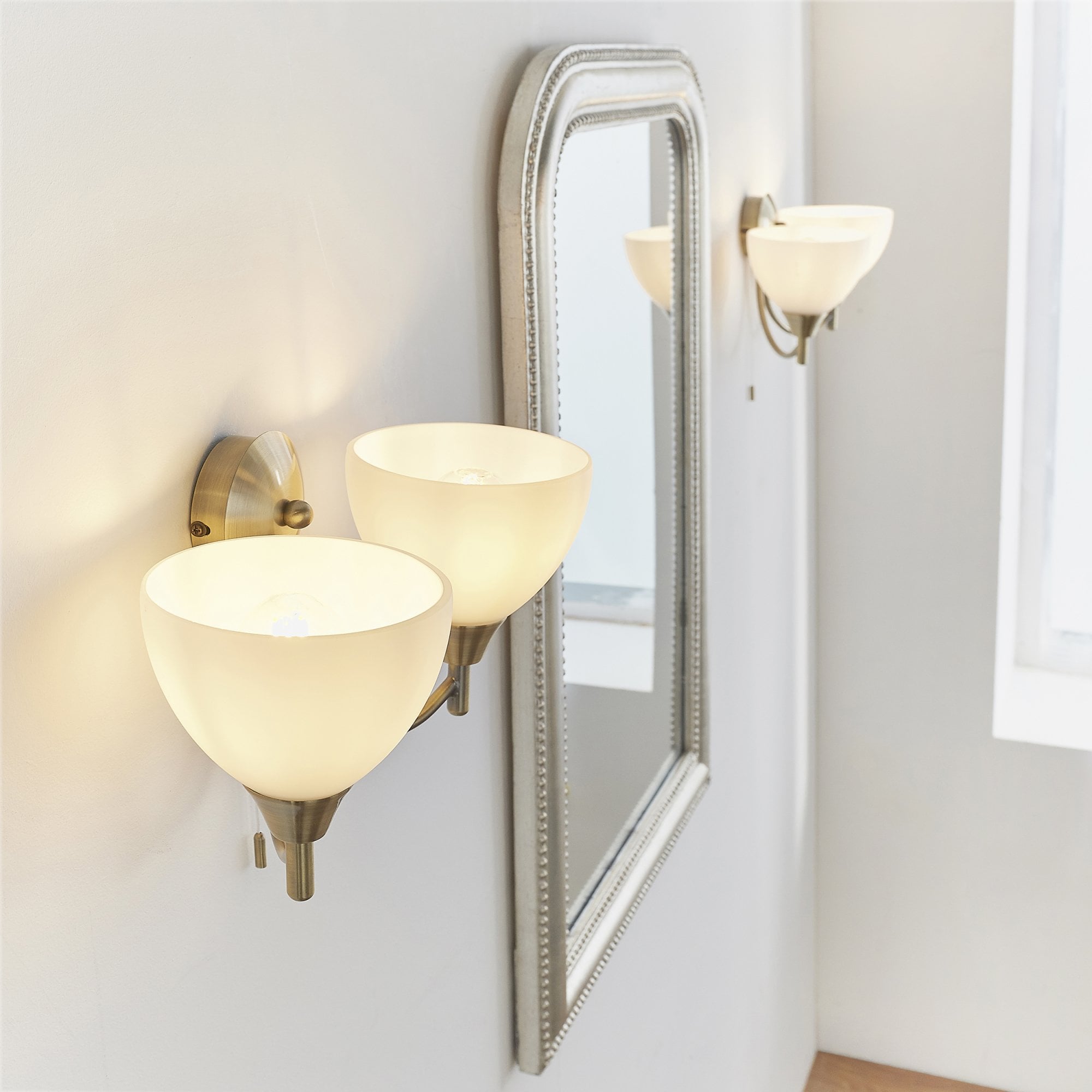 Endon Alton 2 Light Wall Light - Antique Brass Plate & Matt Opal Glass
