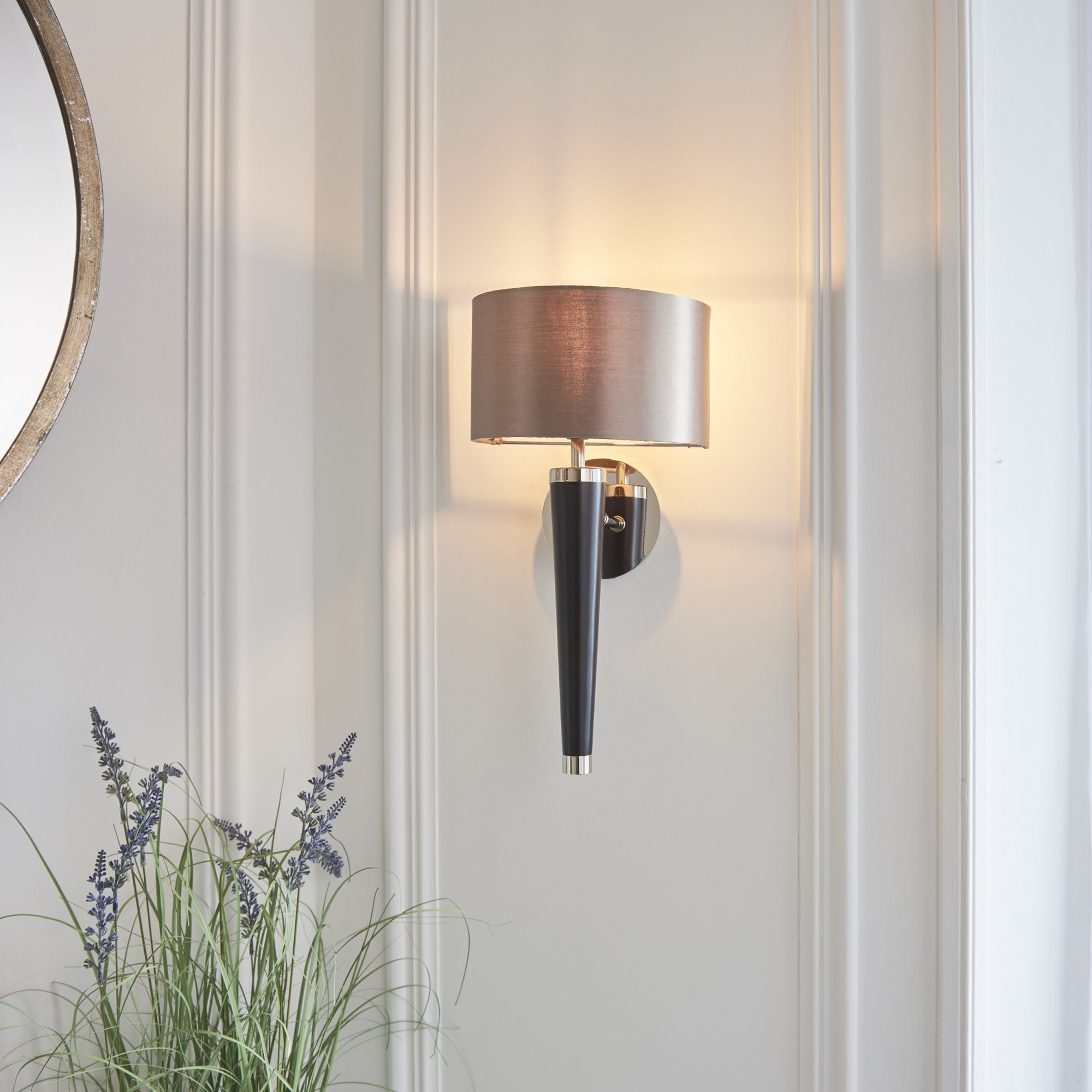 Endon Corvina Single Light Wall Light - Dark Wood & Mink Fabric