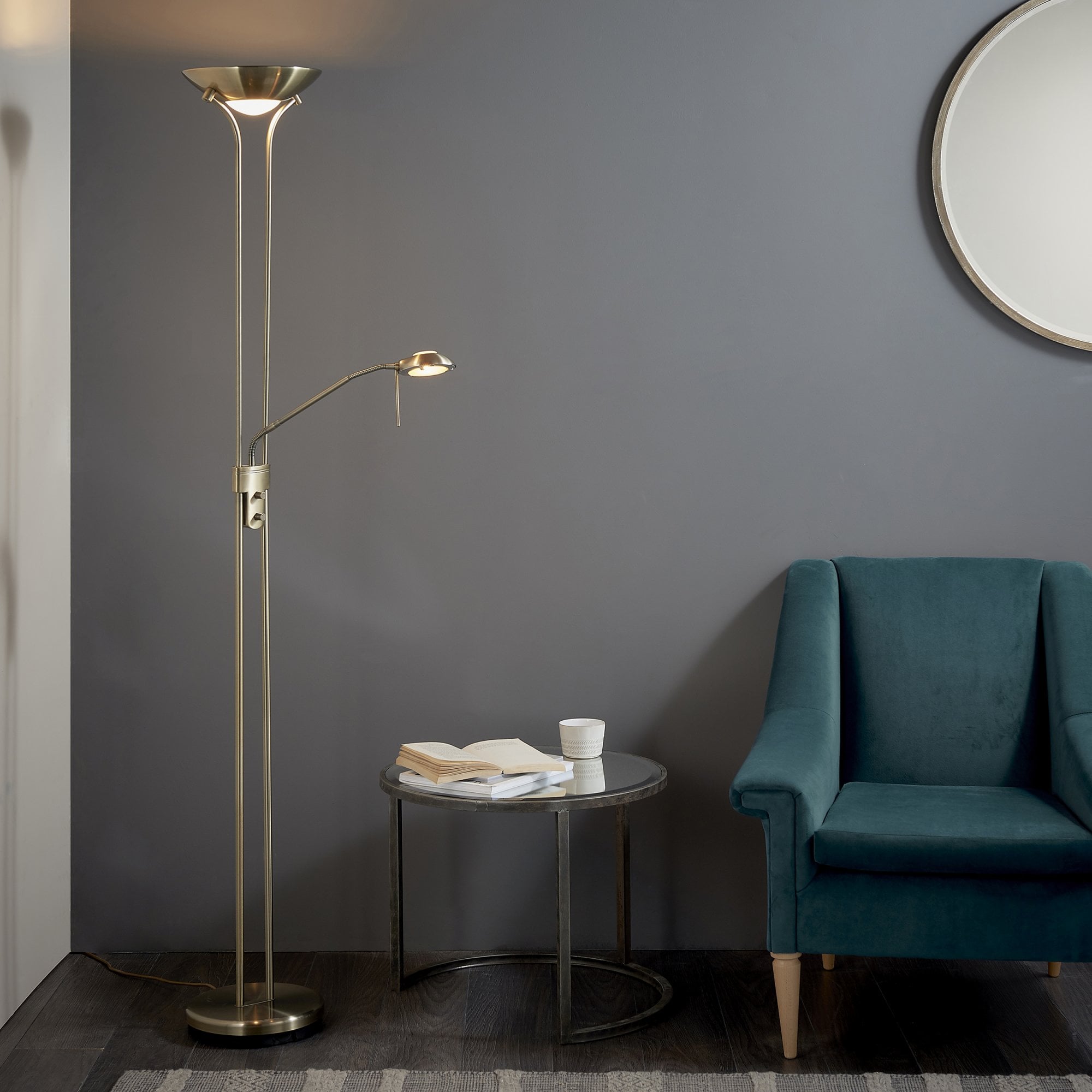 Endon Rome Single Light Floor Lamp - Antique Brass Plate & Opal Glass