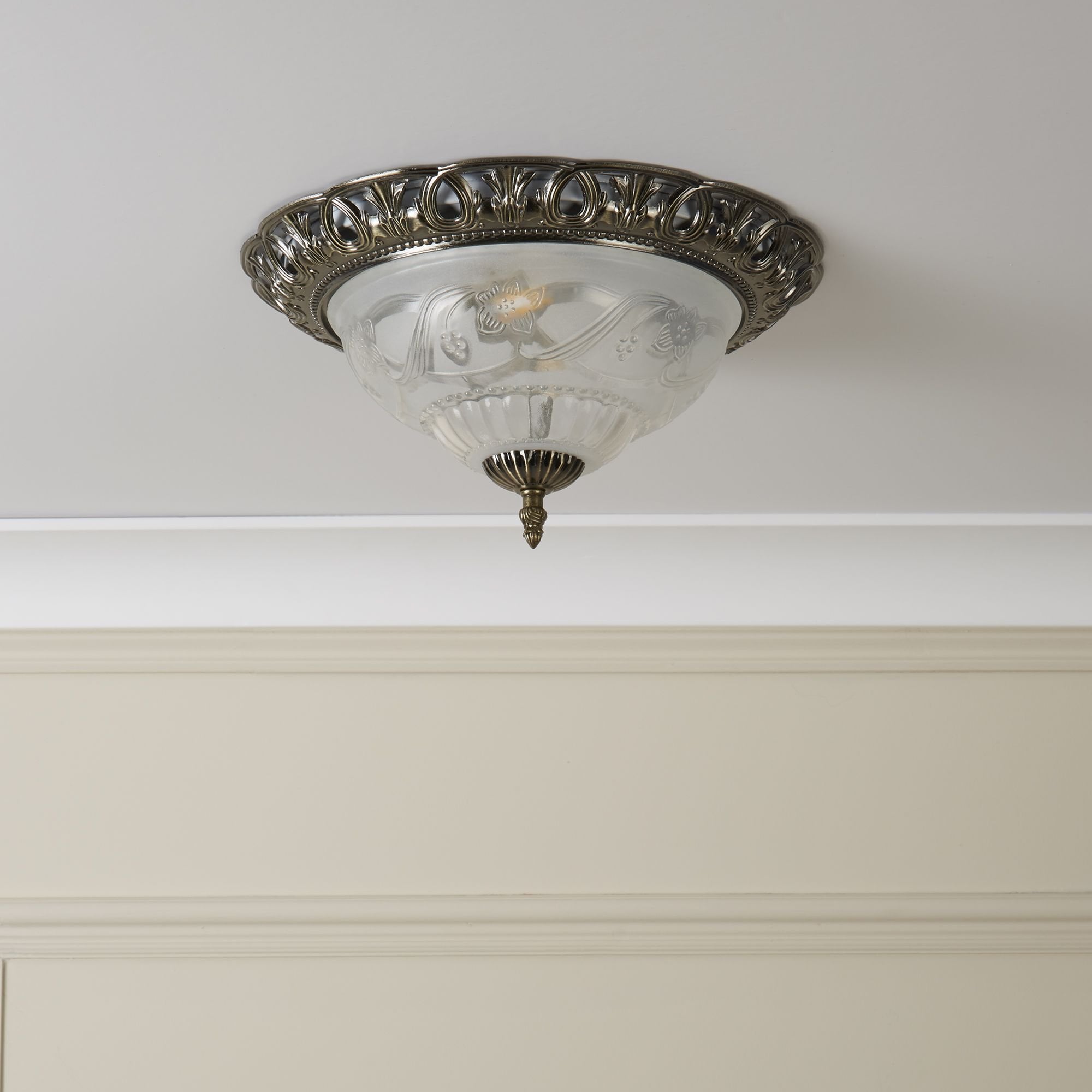 Searchlight Angela Antique Brass Flush Light With Clear & Frosted Glass Diffuser