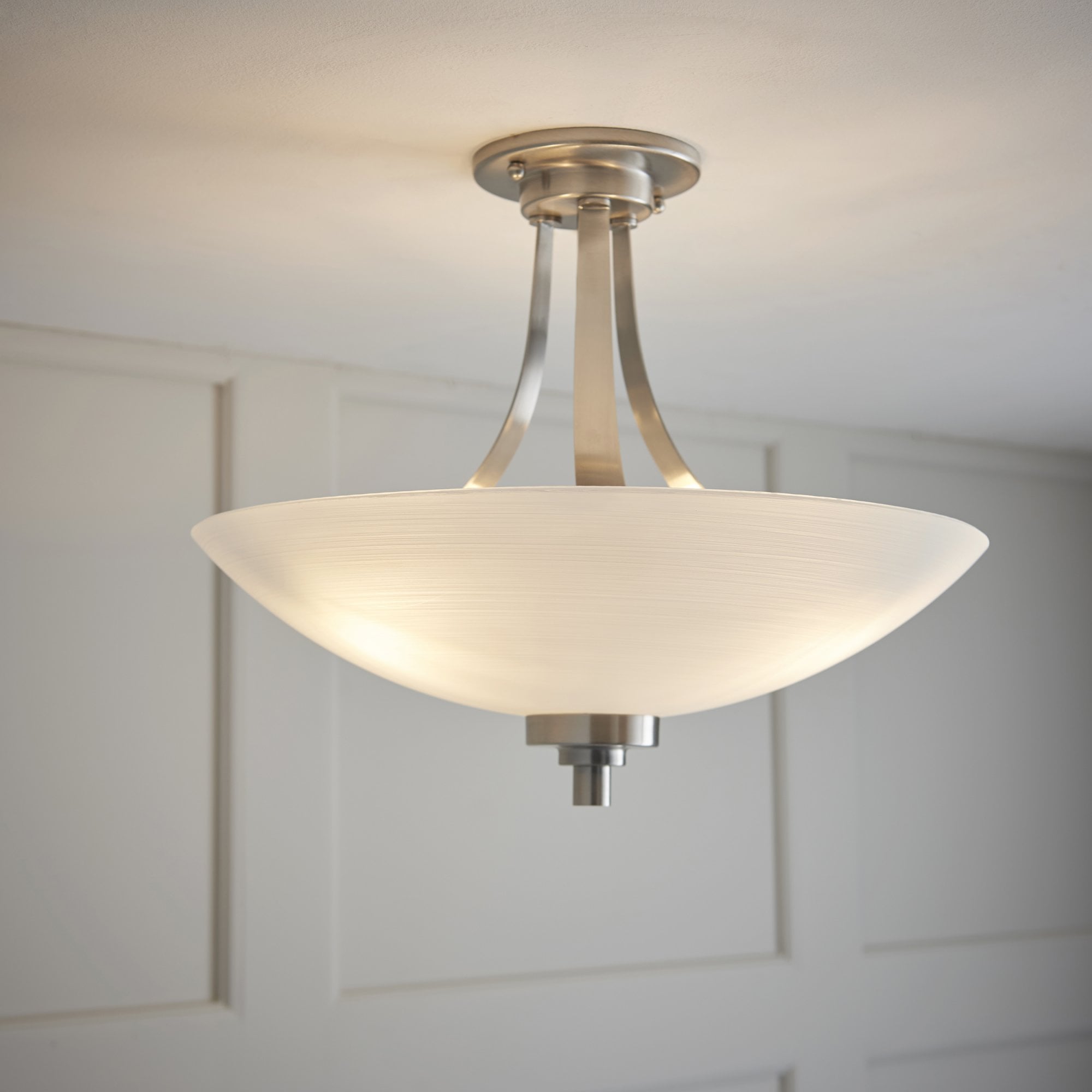 Endon Welles 3 Light Flush Fitting - Satin Chrome Plate & White Glass
