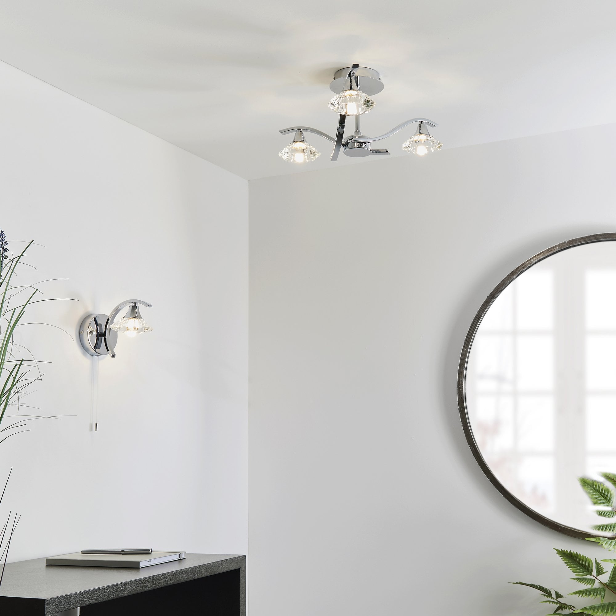Endon Langella 3 Light Semi Flush Fitting  - Chrome Plate & Clear Crystal