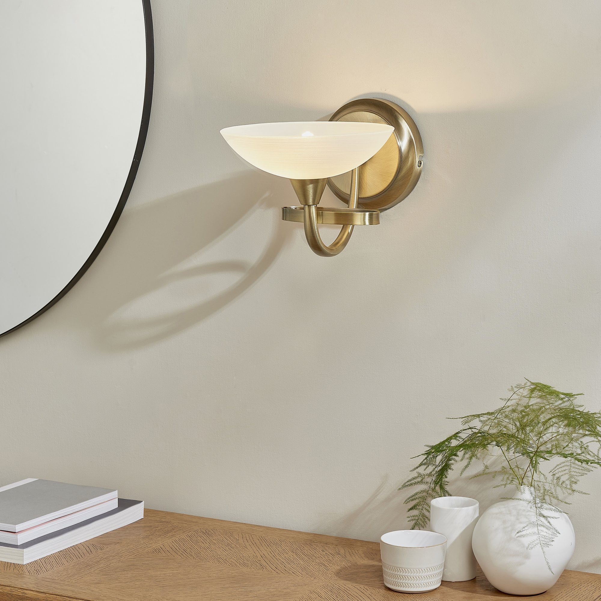 Endon Cagney Single Light Wall Light - Antique Brass Plate & White Glass
