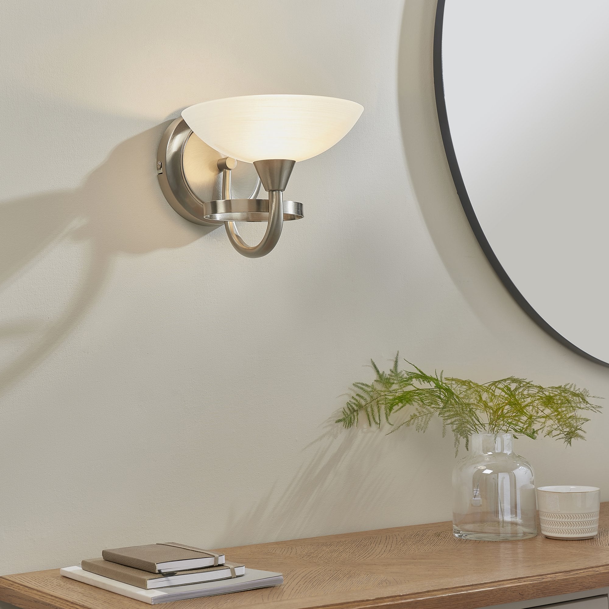 Endon Cagney Single Light Wall Light - Satin Chrome Plate & White Glass