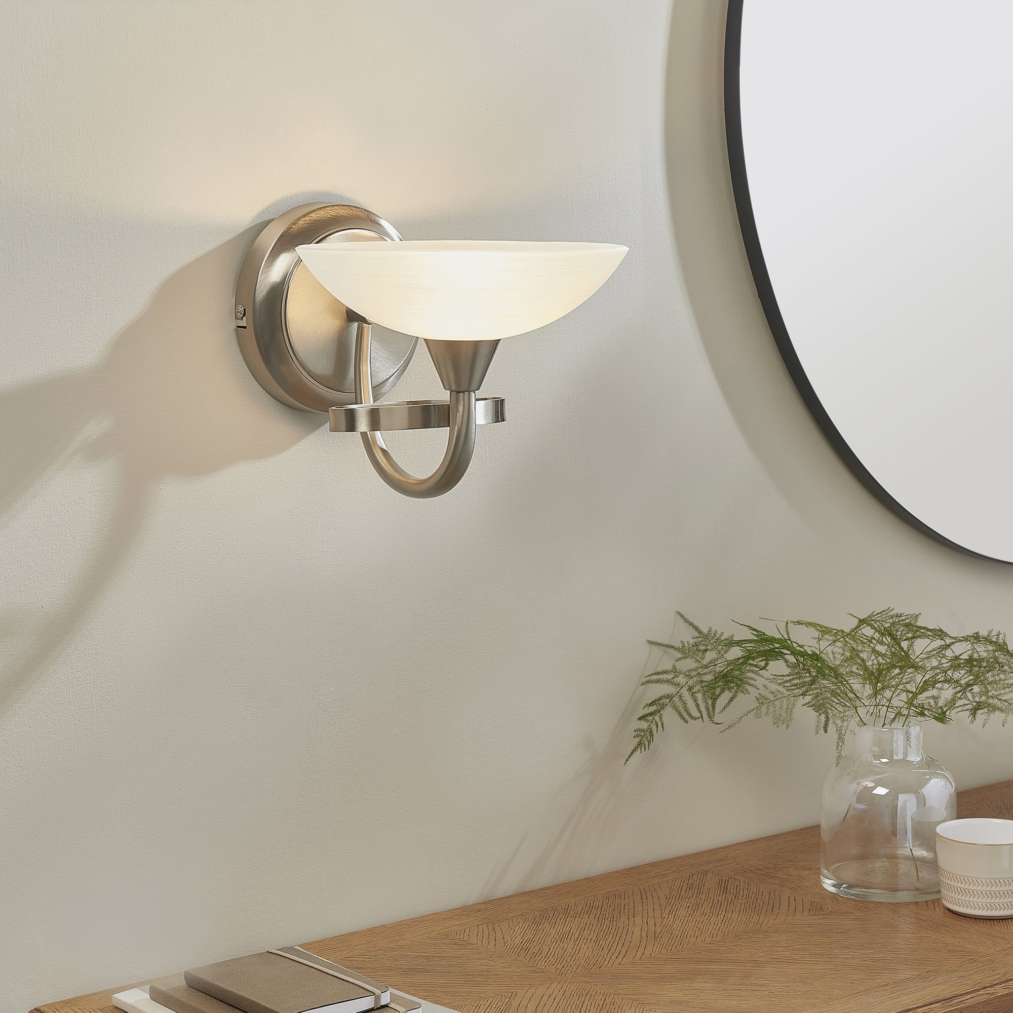 Endon Cagney Single Light Wall Light - Satin Chrome Plate & White Glass