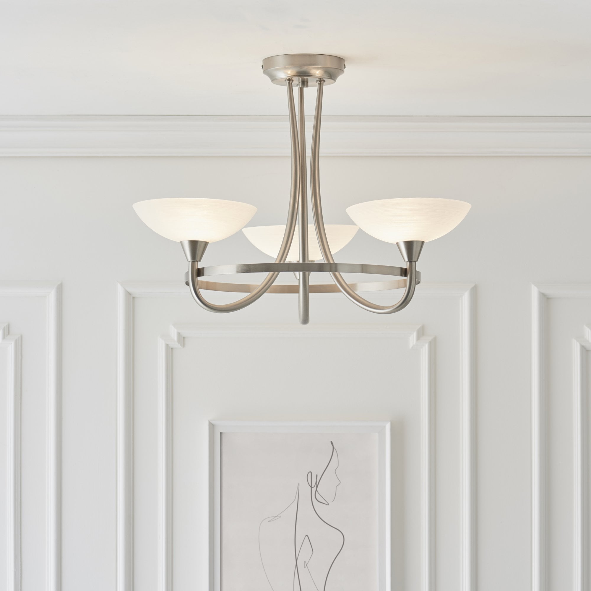 Endon Cagney 3 Light Semi Flush Fitting - Satin Chrome Plate & White Glass