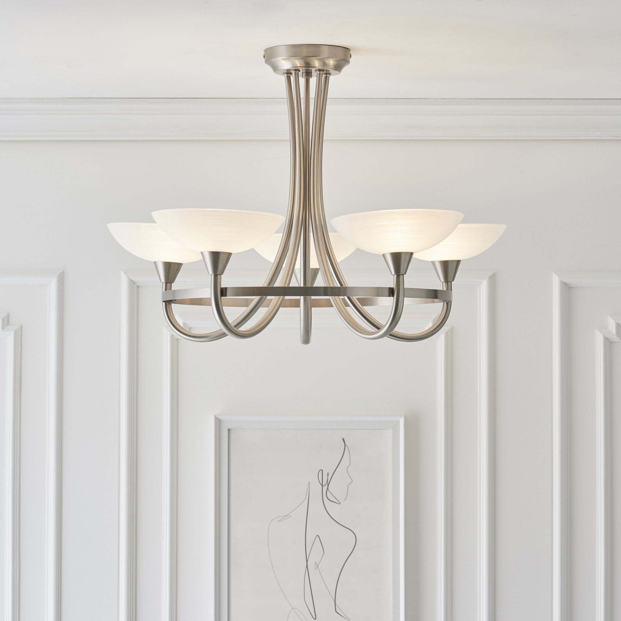 Endon Cagney 5 Light Semi Flush Fitting - Satin Chrome Plate & White Glass