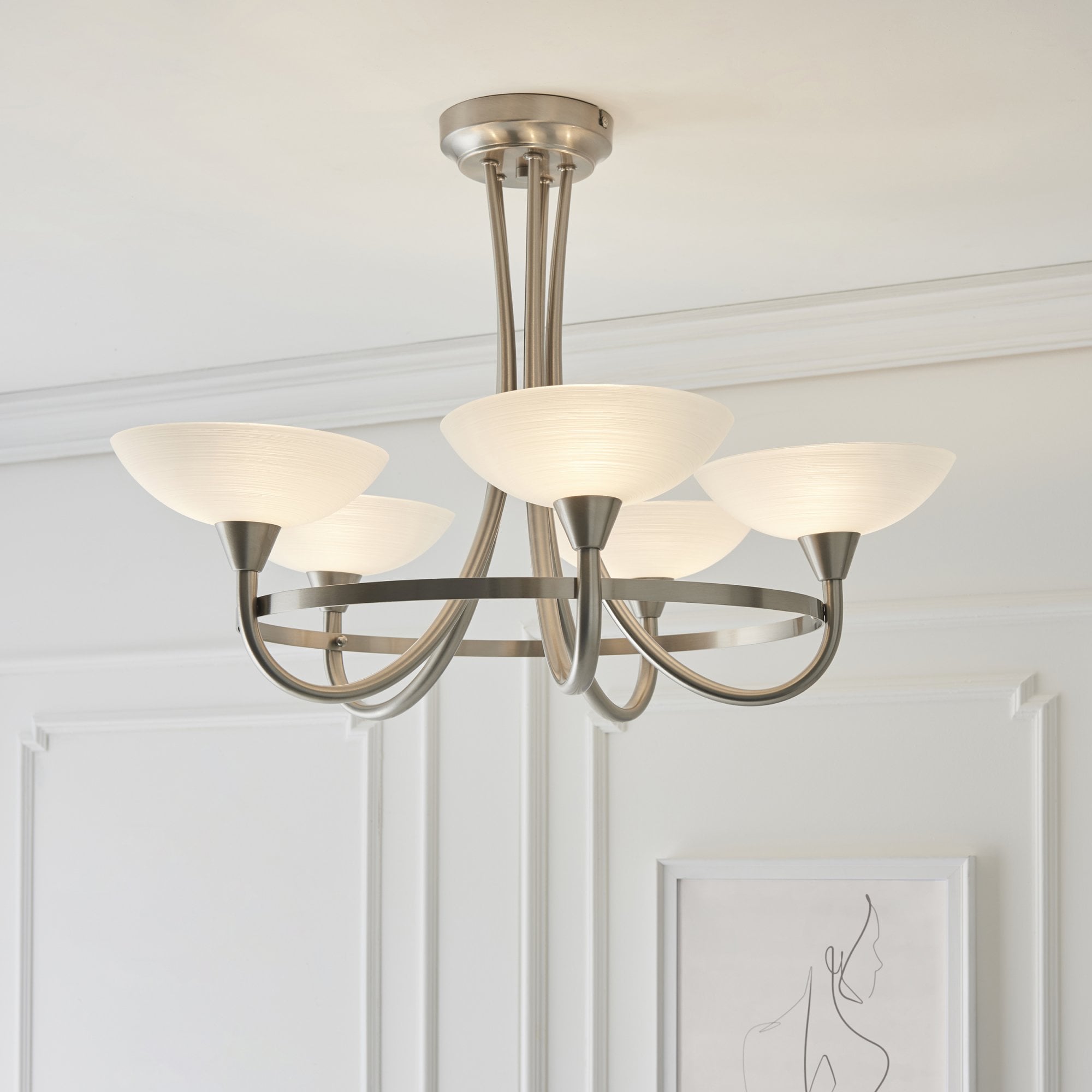 Endon Cagney 5 Light Semi Flush Fitting - Satin Chrome Plate & White Glass