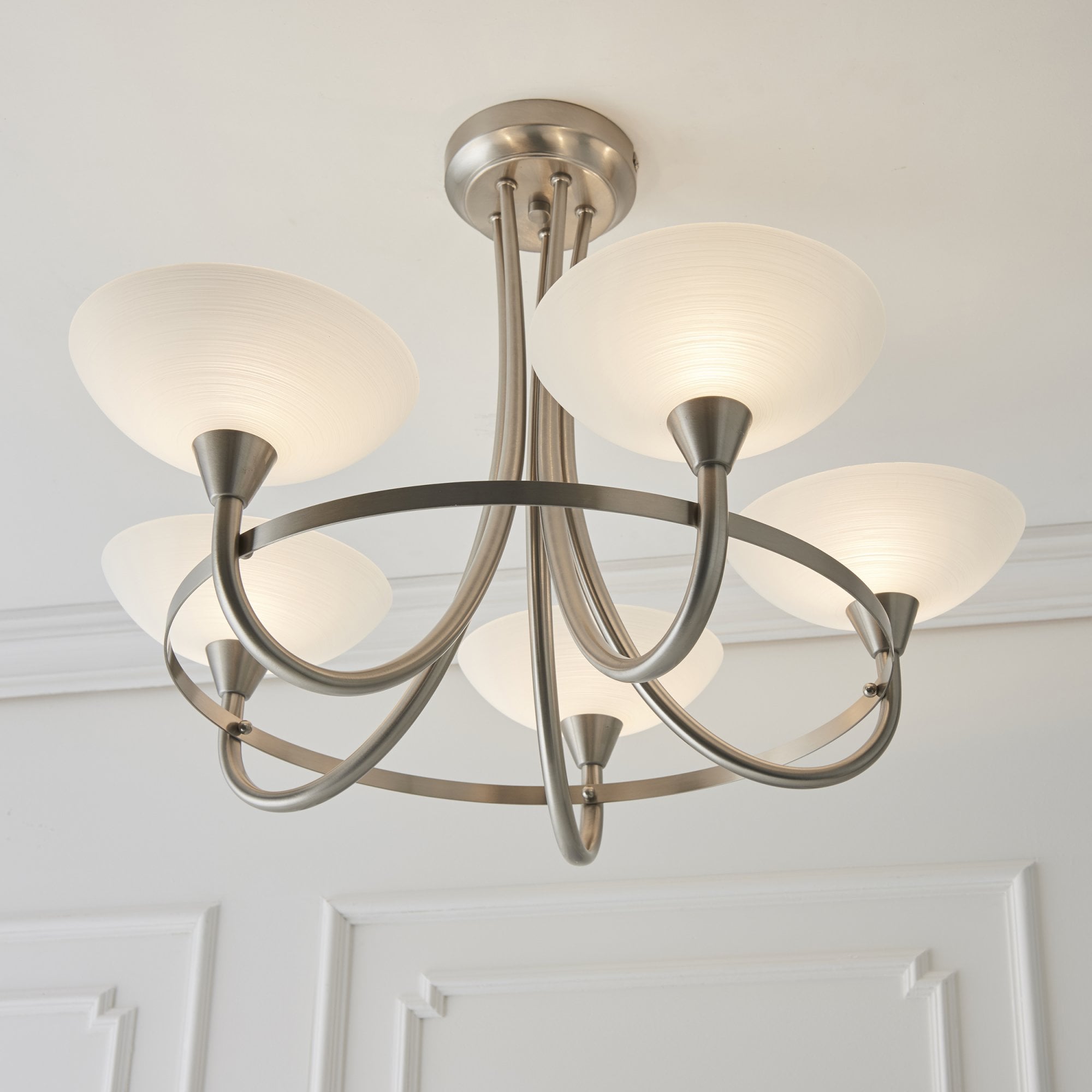 Endon Cagney 5 Light Semi Flush Fitting - Satin Chrome Plate & White Glass