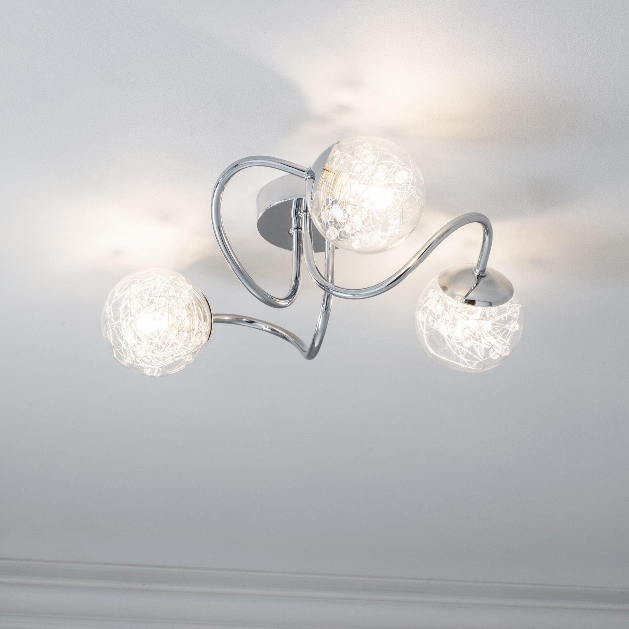Endon Auria 3 Light Semi Flush Fitting  - Chrome Plate With Clear Glass & Chrome Wire