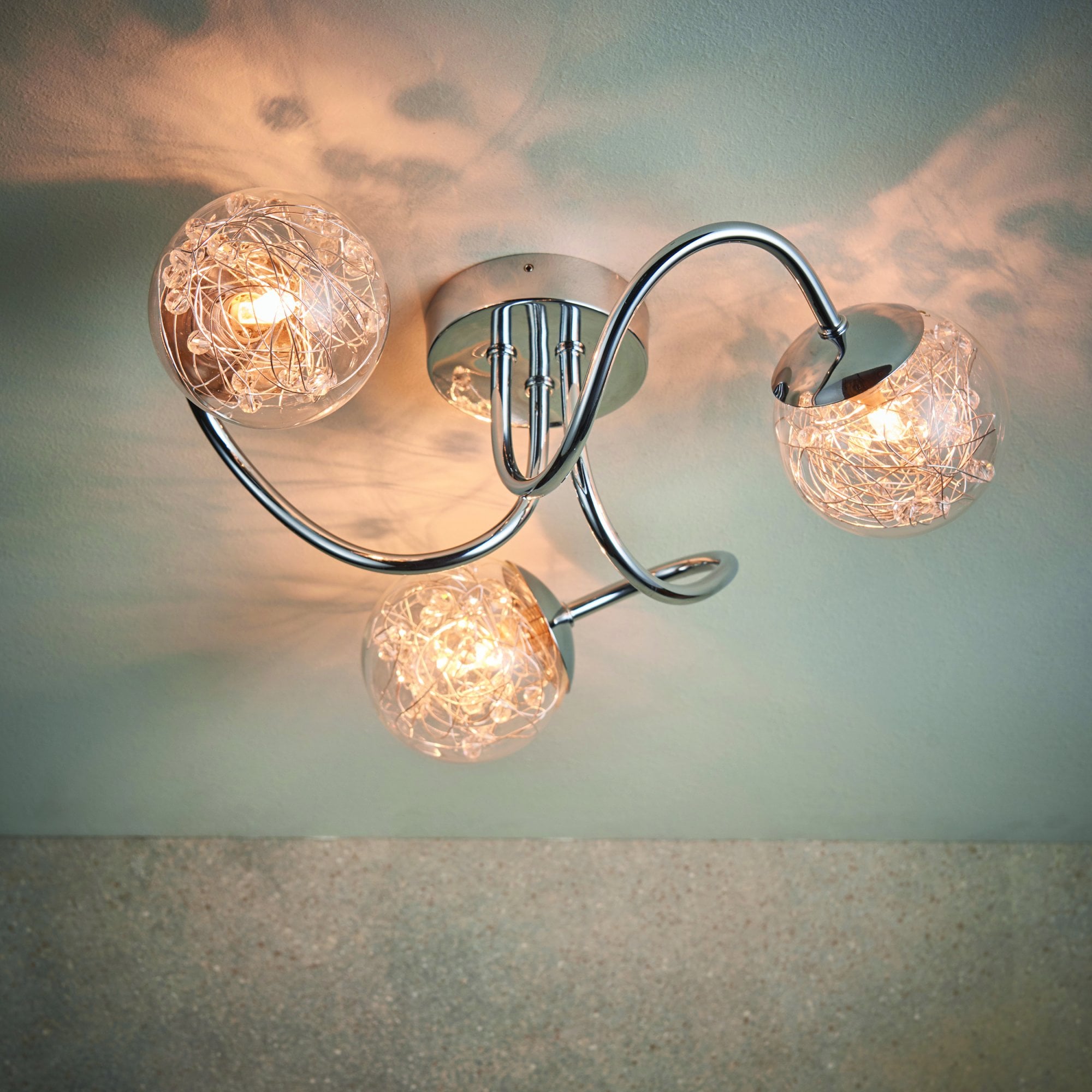 Endon Auria 3 Light Semi Flush Fitting  - Chrome Plate With Clear Glass & Chrome Wire