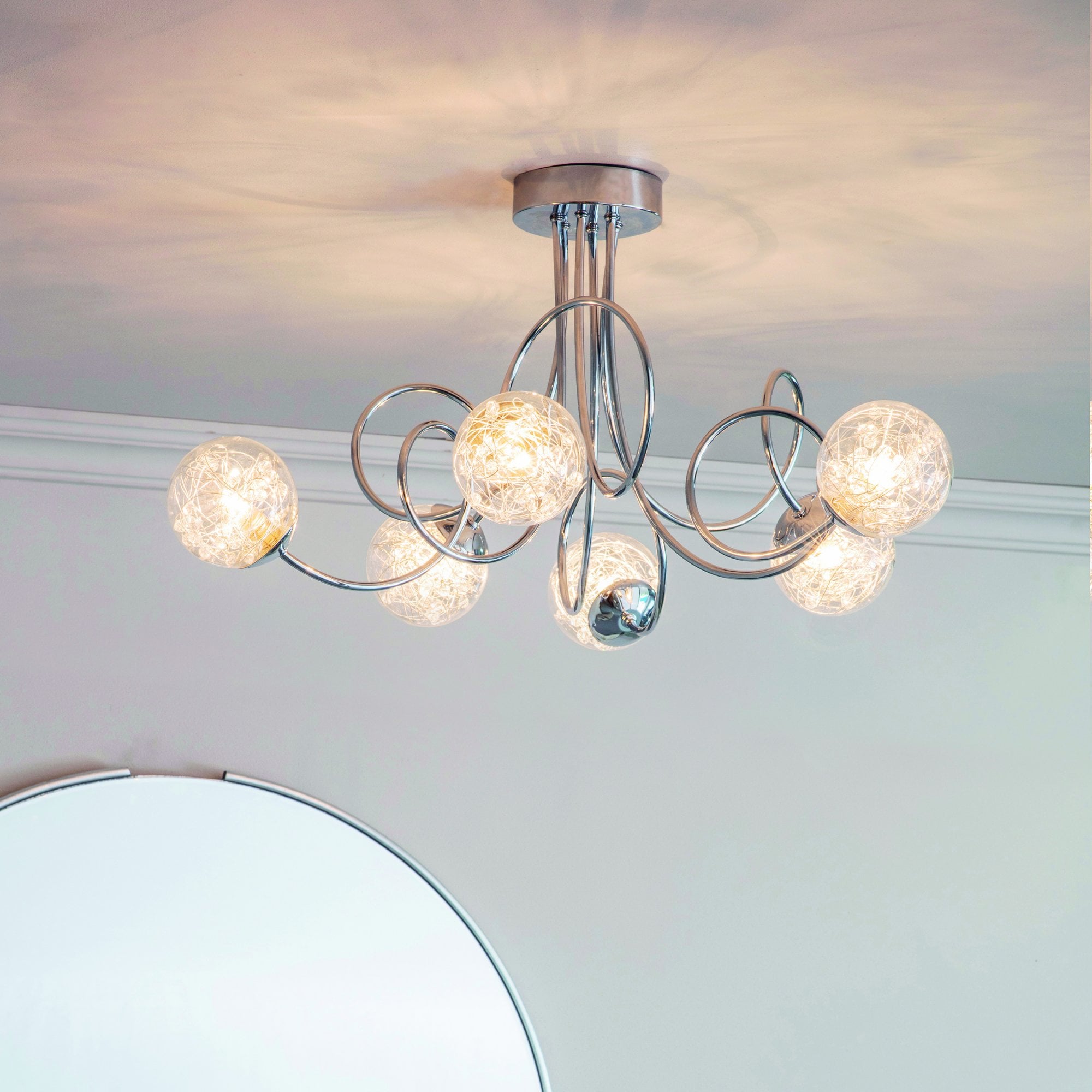Endon Auria 6 Light Semi Flush Fitting  - Chrome Plate With Clear Glass & Chrome Wire
