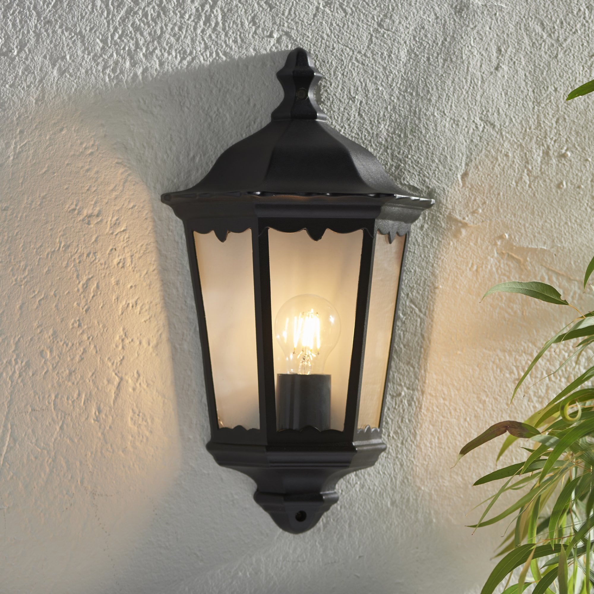 Endon Burford Single Light Wall Half Lantern  - Matt Black & Clear Glass