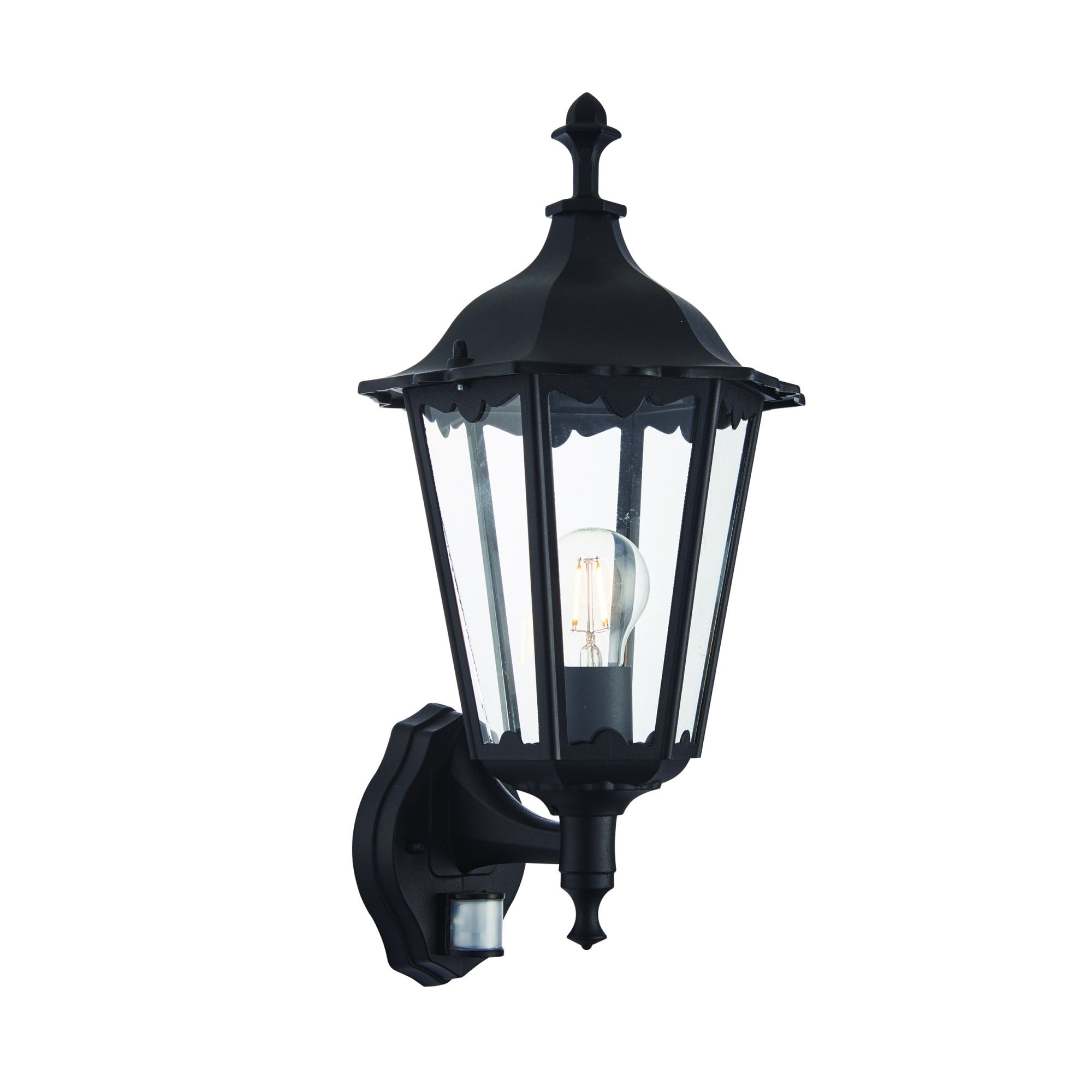 Endon Burford Single Light Wall Light with PIR  - Matt Black & Clear Glass