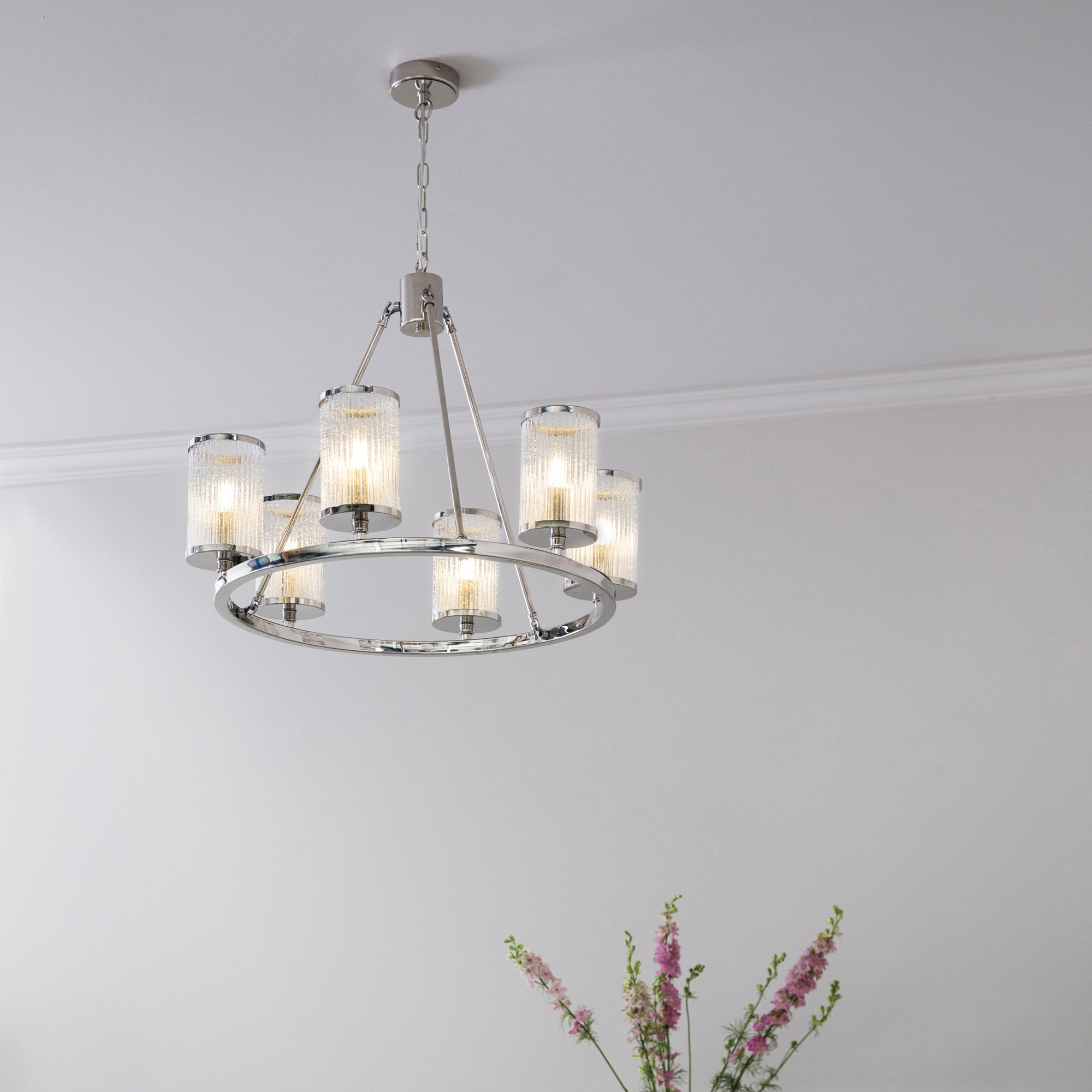 Endon Easton 6 Light Pendant - Bright Nickel Plate & Ribbed Bubble Glass
