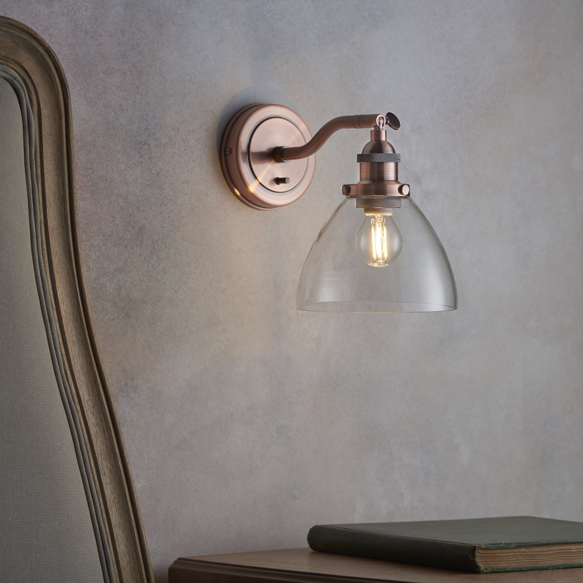 Endon Hansen Single Light Wall Light  - Aged Copper Plate & Clear Glass