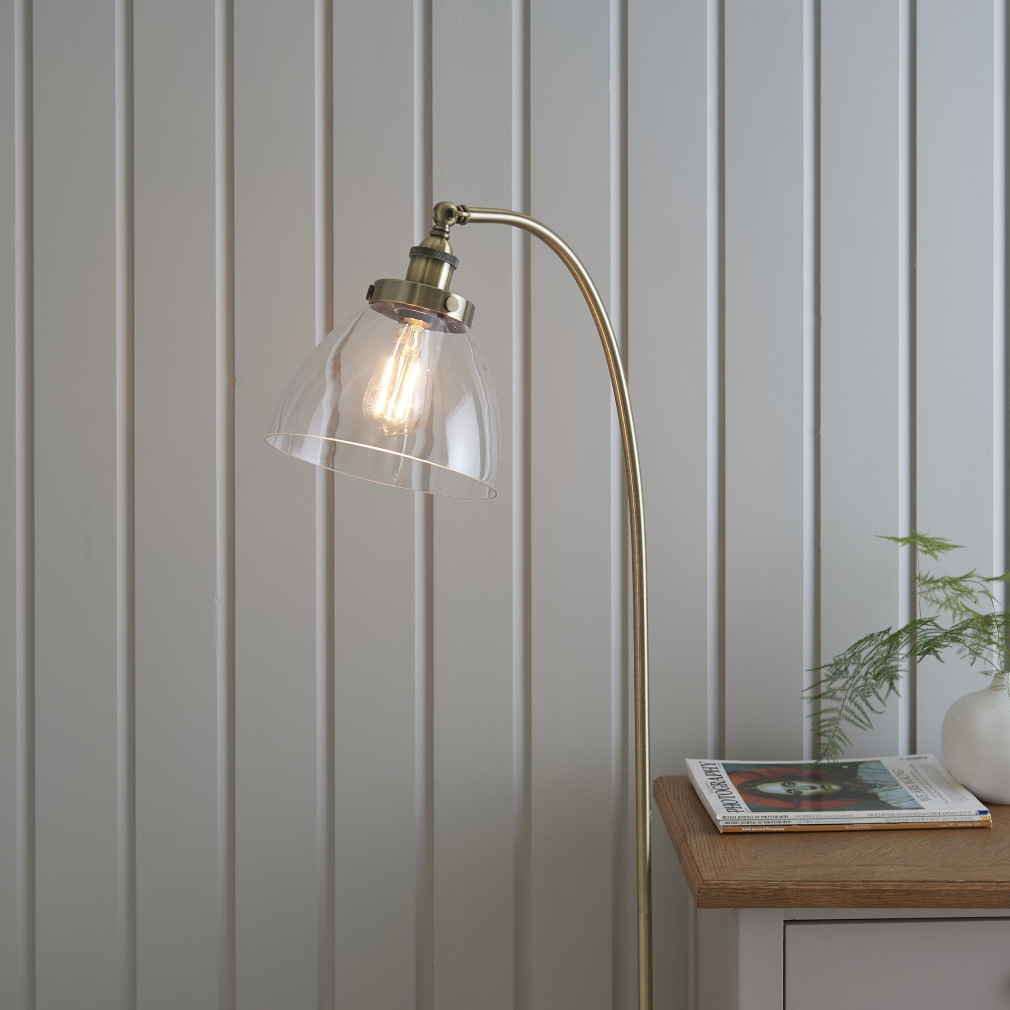 Endon Hansen Single Light Floor Lamp - Antique Brass Plate & Clear Glass